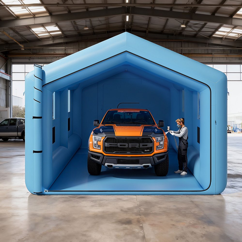 VEVOR Cabina di Verniciatura Spray Gonfiabile 12 x 5 x 4 m, Tenda Spray di Verniciatura a Spruzzo Ventilatori da 950W+1100W, Tetto Triangolare con Finestre per Automobilistici Parti Metalliche Auto