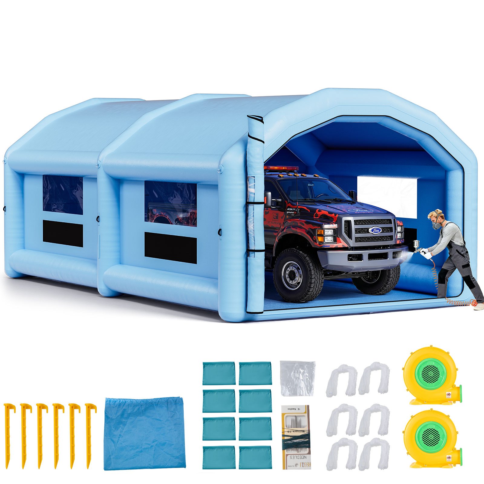 VEVOR Cabina di Verniciatura Spray Gonfiabile 10 x 6 x 4 m, Tenda Spray di Verniciatura a Spruzzo Ventilatori da 950 W e 1100 W, Tetto Rotondo, Tessuto Oxford, Automobilistici