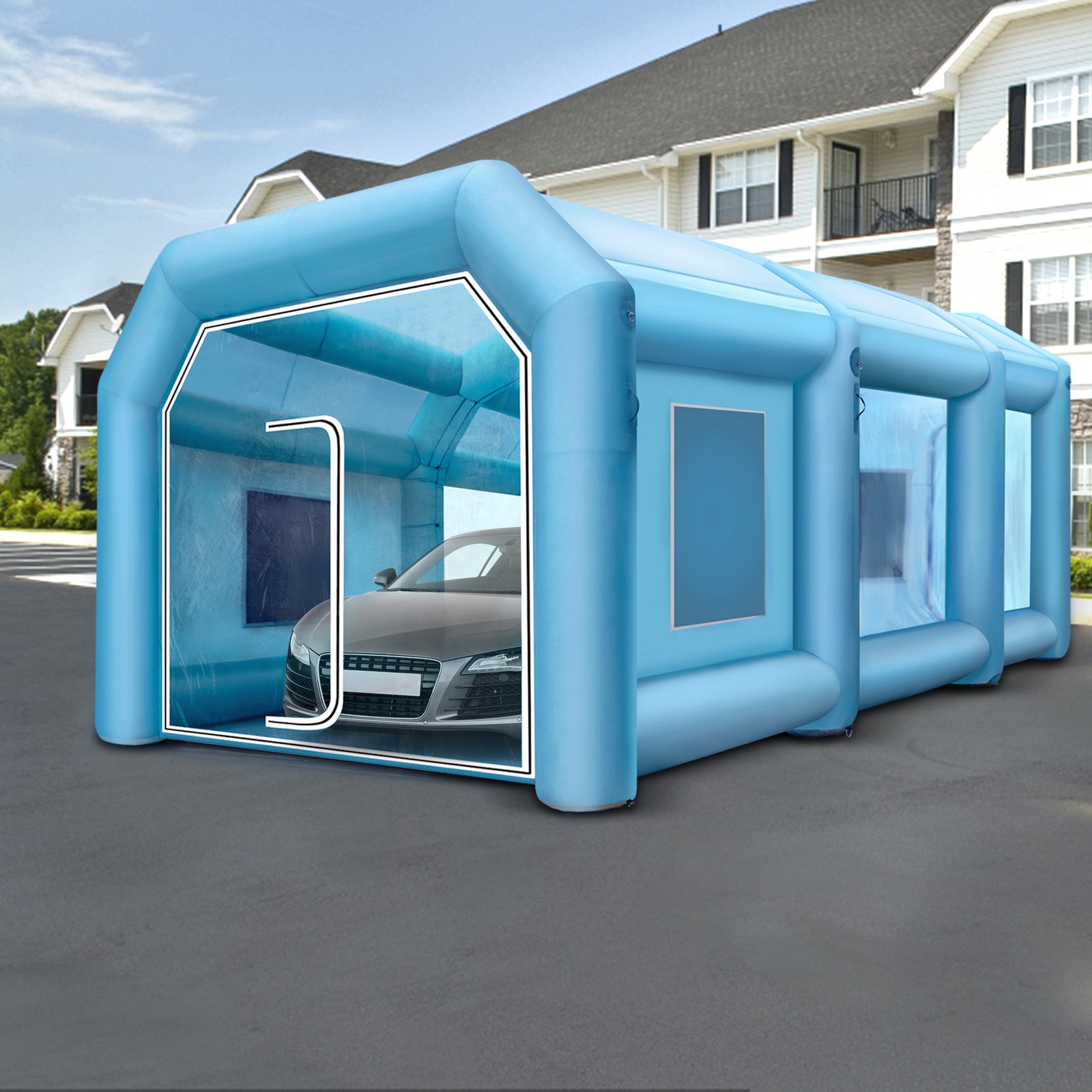 VEVOR Inflatable Tent Spray Booth Tent Paint Booth Tent (8 x 4.5 x 3 m), Car Paint Booth for Car Park, Tent Workplace Huge Workstation 210D Oxford Fabric with 2 Blowers Blue