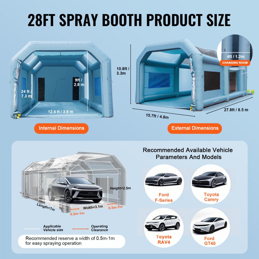 VEVOR Portable Inflatable Paint Tent 7.3 x 3.8 x 2.8 m, DIY Spray Painting 750 + 960 W, Spray Protection Paint Booth for DIY Projects, Hobby Paint Machine Tool, Blue 210D Oxford Fabric Paint Booth