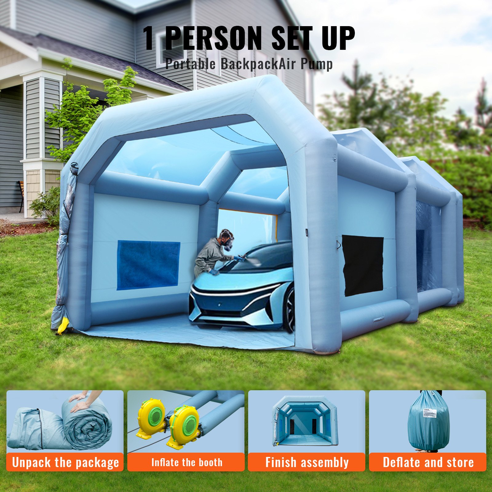 VEVOR Portable Inflatable Paint Tent for Spray Painting 1100 + 950 W, 10 x 6 x 4 m Spray Protection Paint Booth for DIY Projects, Hobby Painter Tool, Blue 210D Oxford Fabric Car Paint Booth