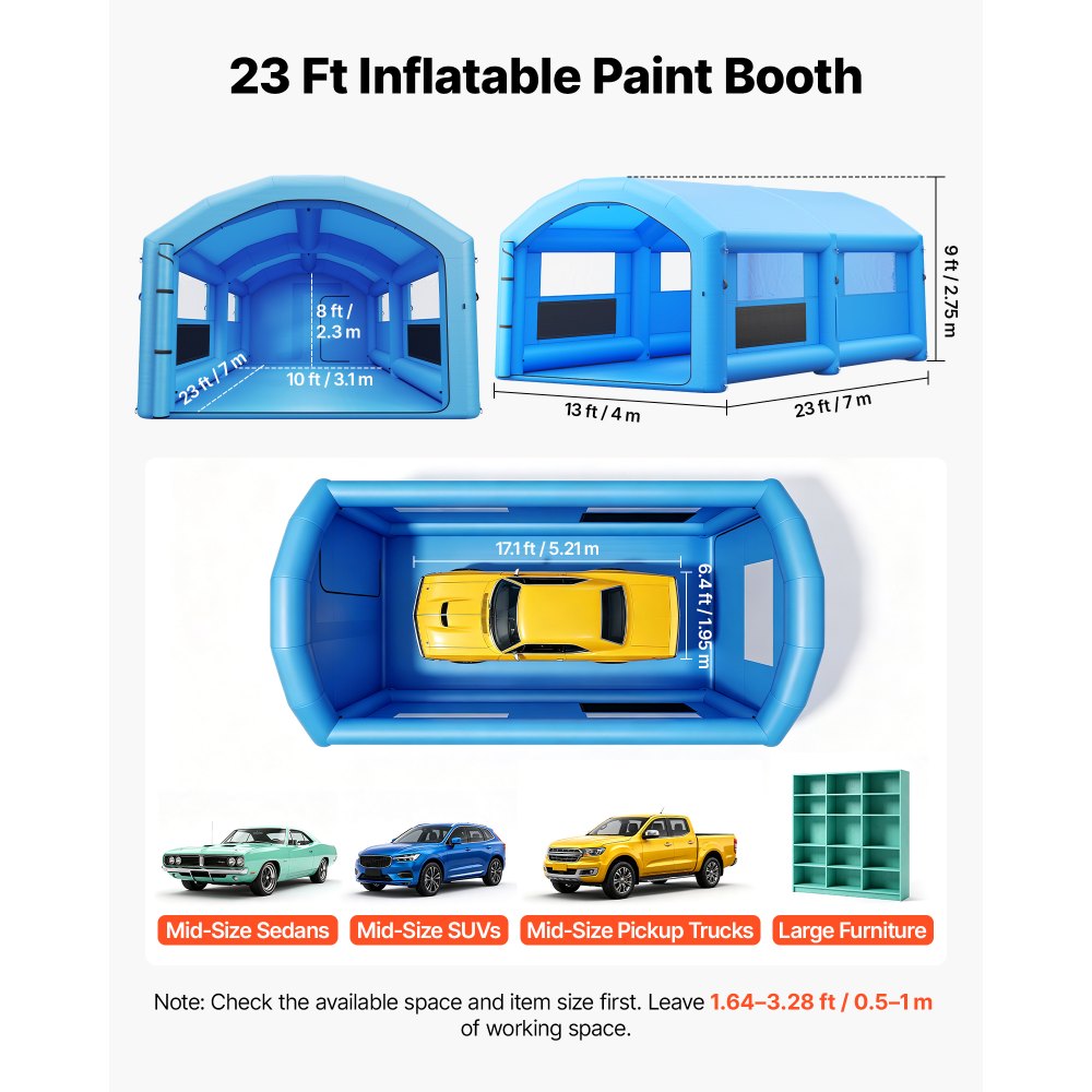 VEVOR Cabina Gonfiabile per Verniciatura a Spruzzo, Cabina Portatile 7 x 4 x 2,75 m, con Soffiatori da 550W a 750W e Filtro in Cotone, con Tetto ad Arco, Colore Blu, per Veicoli Taglia Media e Mobili
