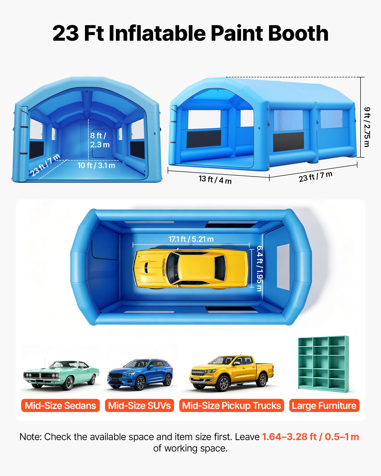 VEVOR Cabina Gonfiabile per Verniciatura a Spruzzo, Cabina Portatile 7 x 4 x 2,75 m, con Soffiatori da 550W a 750W e Filtro in Cotone, con Tetto ad Arco, Colore Blu, per Veicoli Taglia Media e Mobili