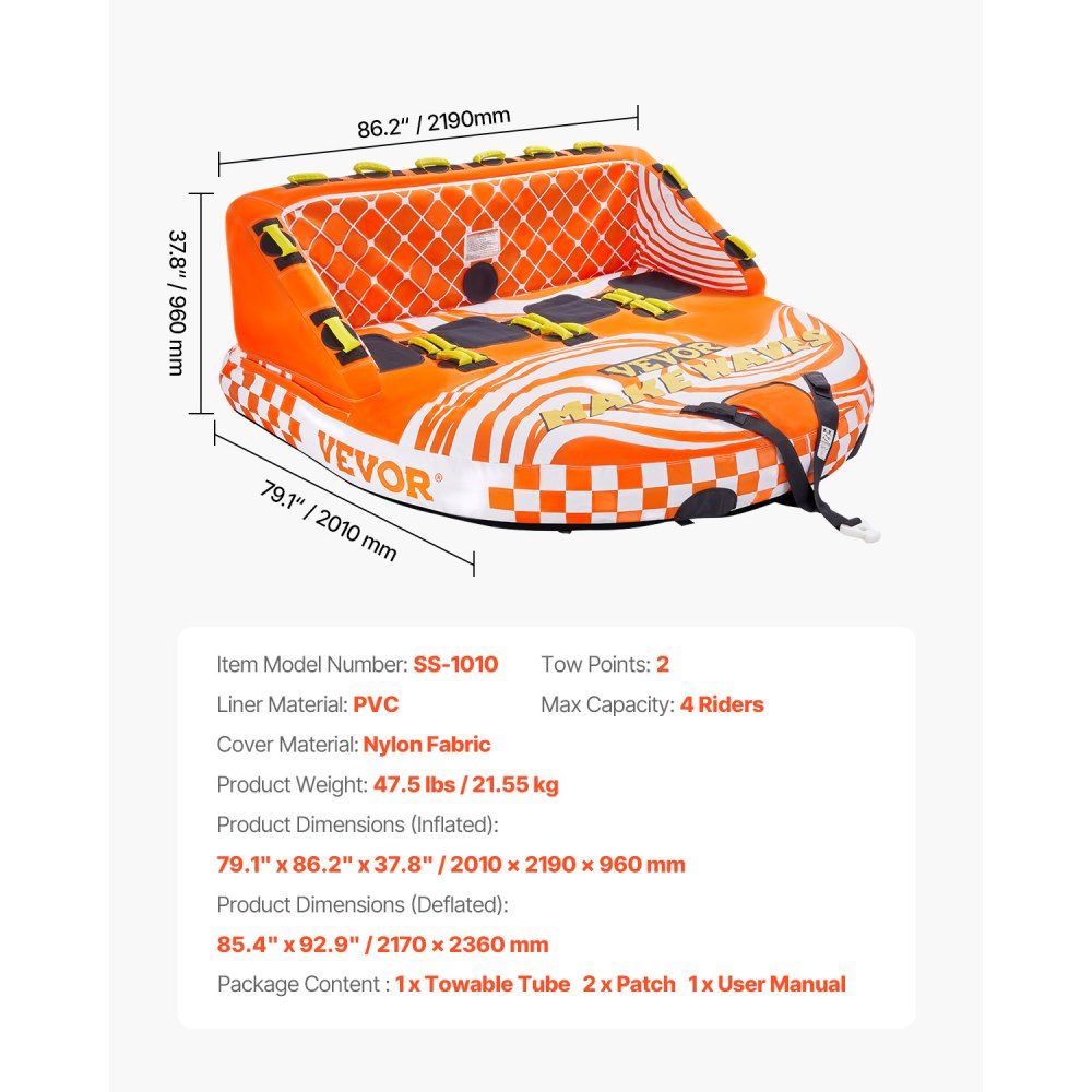 VEVOR Fun Tube Set for boating, inflatable towables for 1-4 people, 300 kg water sports towable tube for pulling boats – with handles, towing points and safety valve