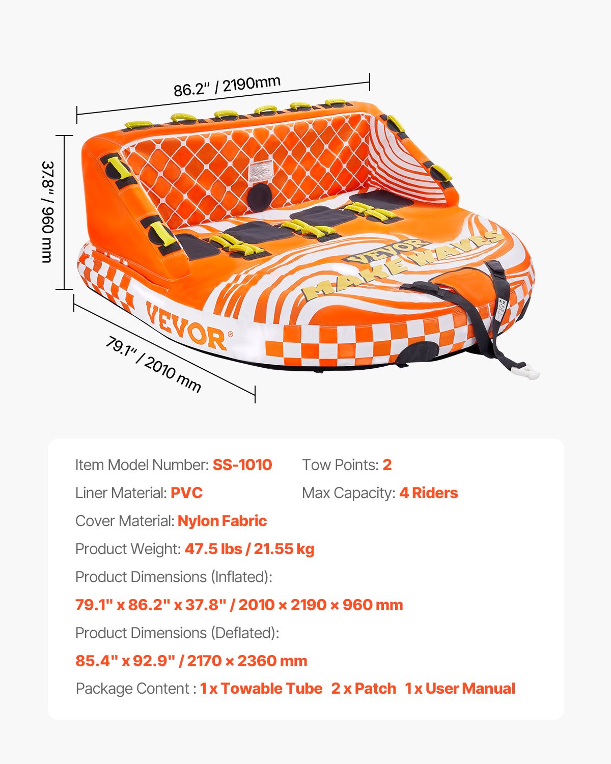 VEVOR Tubo Trainabile per Barche Capienza ca. 1-4 Persone Tappetino Gonfiabile per Barche Attività Acquatiche Carico max. 308kg, Tubo Trainabile per Sport Acquatici Gommone Gonfiabile Feste Nautica