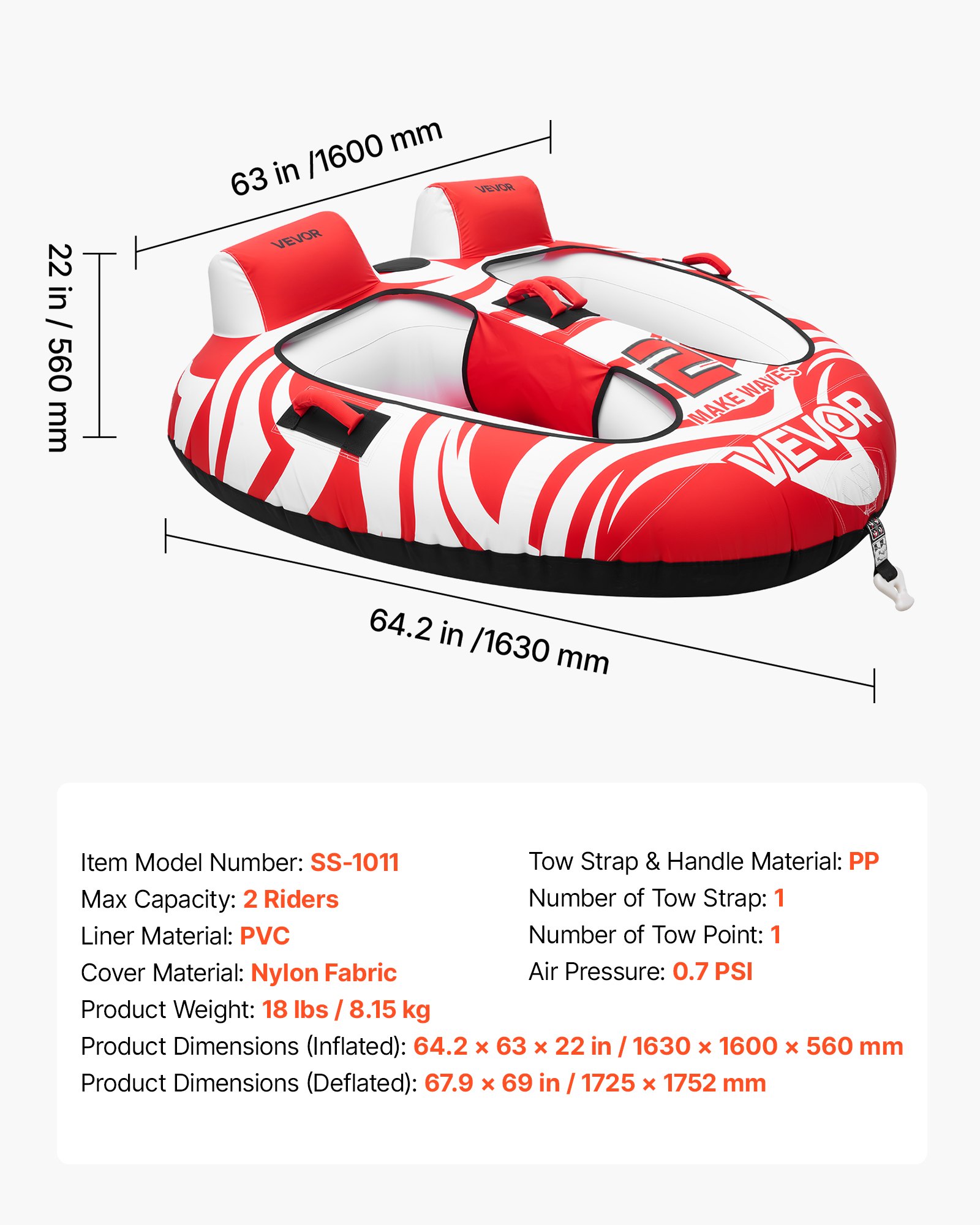 VEVOR Galleggiante di Traino per Barche Tubo Galleggiante per Sport Acquatici per 2 Persone Carico max 154 kg, Tubo di Traino per Sport Nautici con Copertura in Nylon, Divertimento sul Mare, Rosso