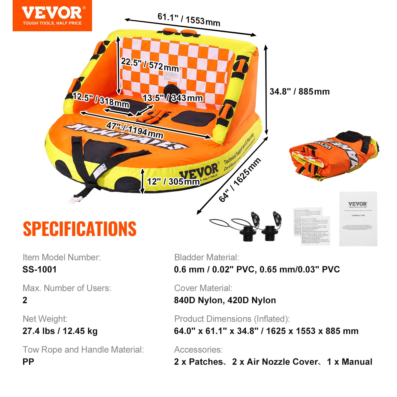 VEVOR Gommone da traino per barche, Gommone da traino gonfiabili per 1-2 passeggeri con sedili schienale, Gommone per sport acquatici carico 340 libbre per barca da trainare, Gommone rimorchiabile