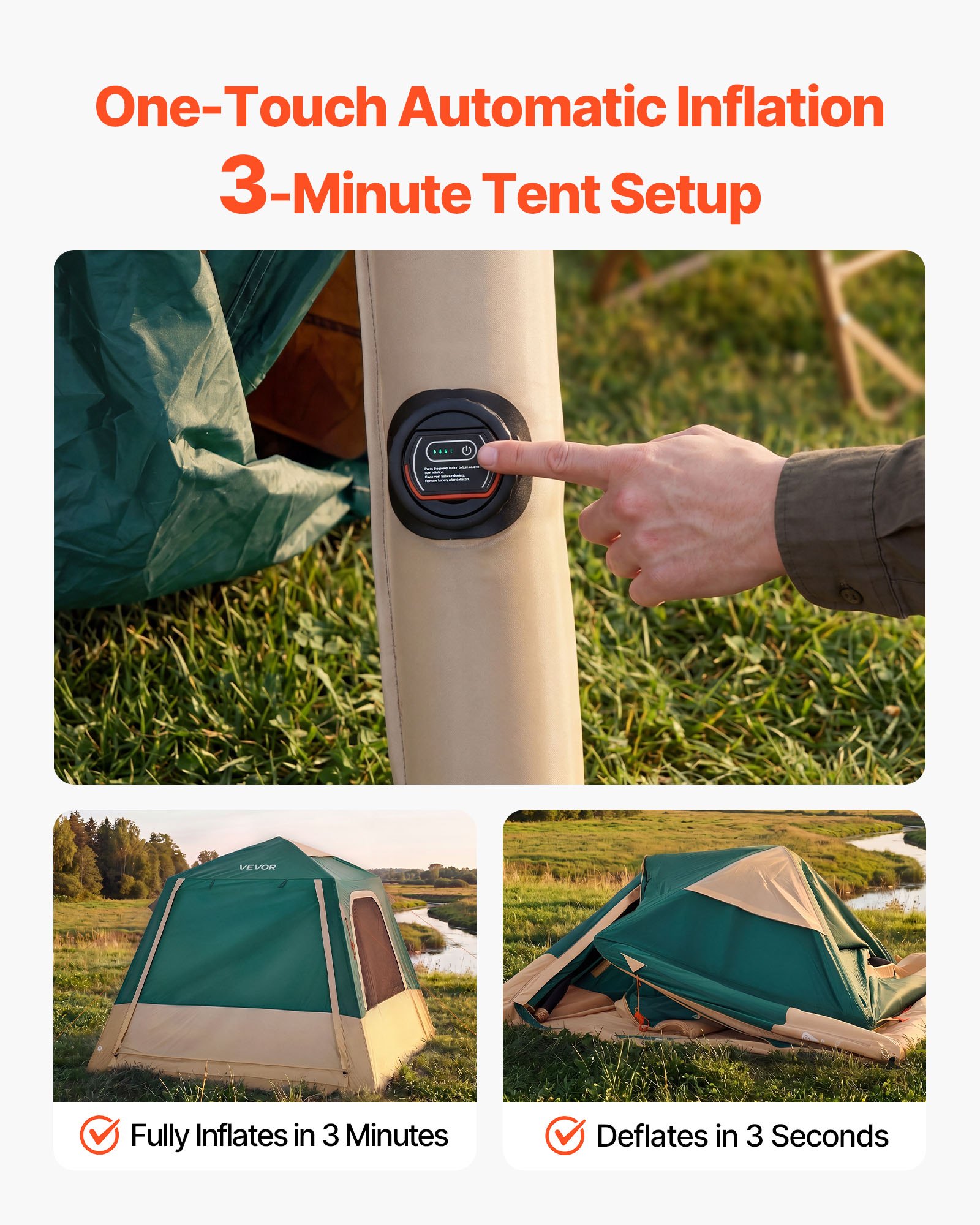 VEVOR Tenda da Campeggio, Tenda Gonfiabile per 4 Persone con Pompa Ricaricabile, Tubo Aria in TPU e 5 Finestre in Rete, Portatile, Impermeabile con Borsa Trasporto, Colore Verde, per Gite e Vacanze
