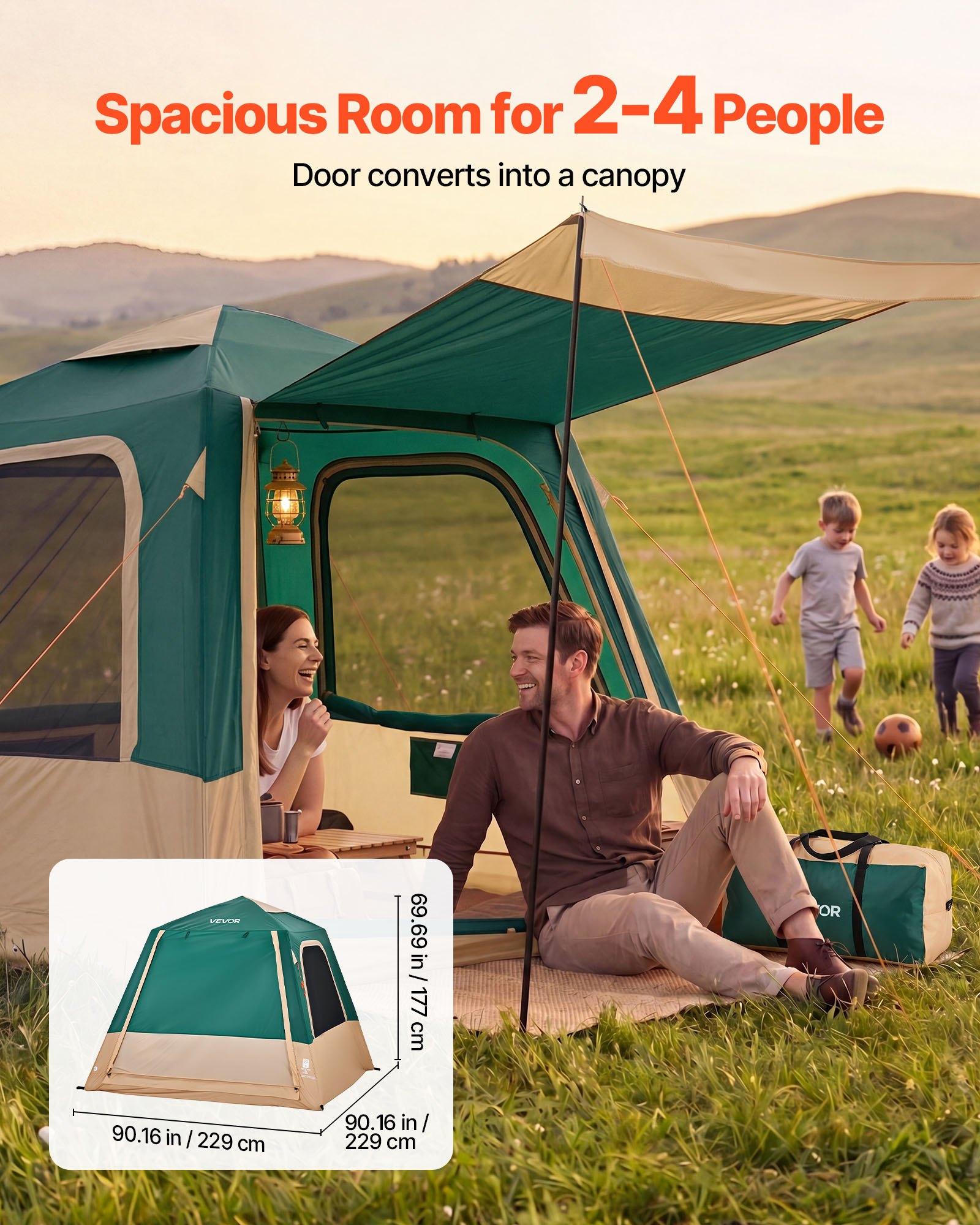 VEVOR Tenda da Campeggio, Tenda Gonfiabile per 4 Persone con Pompa Ricaricabile, Tubo Aria in TPU e 5 Finestre in Rete, Portatile, Impermeabile con Borsa Trasporto, Colore Verde, per Gite e Vacanze