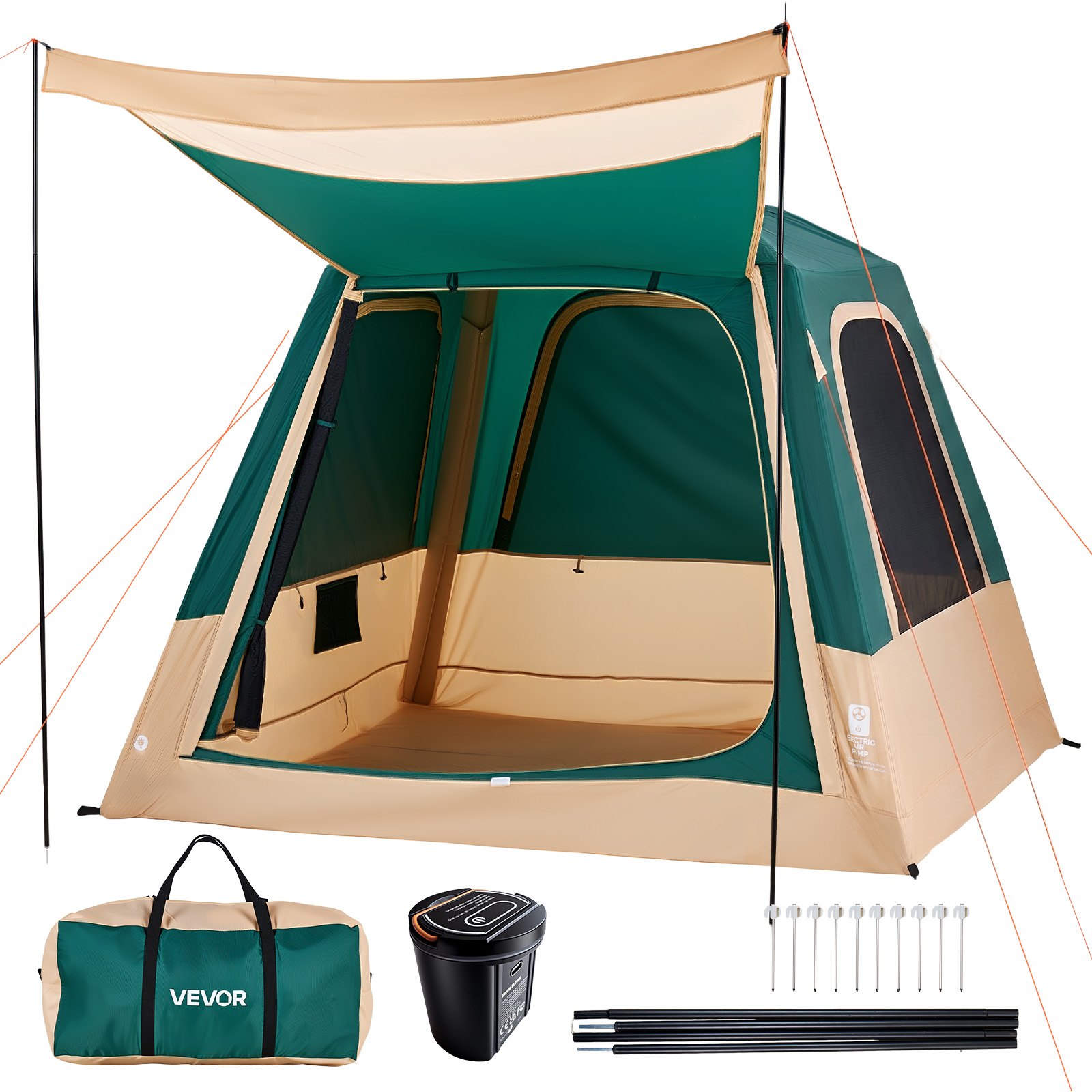 VEVOR Tenda da Campeggio, Tenda Gonfiabile per 4 Persone con Pompa Ricaricabile, Tubo Aria in TPU e 5 Finestre in Rete, Portatile, Impermeabile con Borsa Trasporto, Colore Verde, per Gite e Vacanze