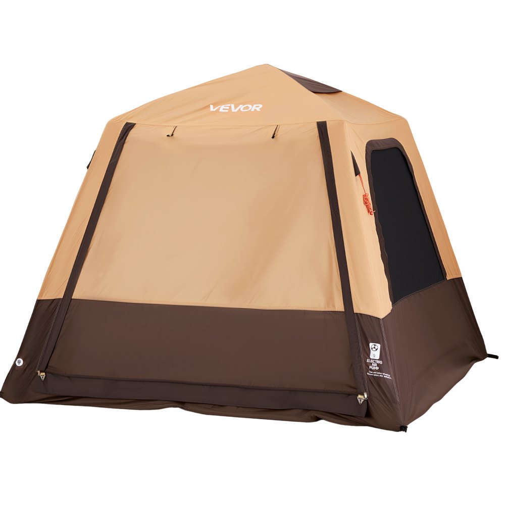 VEVOR Tenda da Campeggio, Tenda Gonfiabile per 4 Persone con Pompa Ricaricabile, Tubo Aria in TPU e 5 Finestre in Rete, Impermeabile con Borsa Trasporto, Colore Beige, per Escursionismo in Famiglia