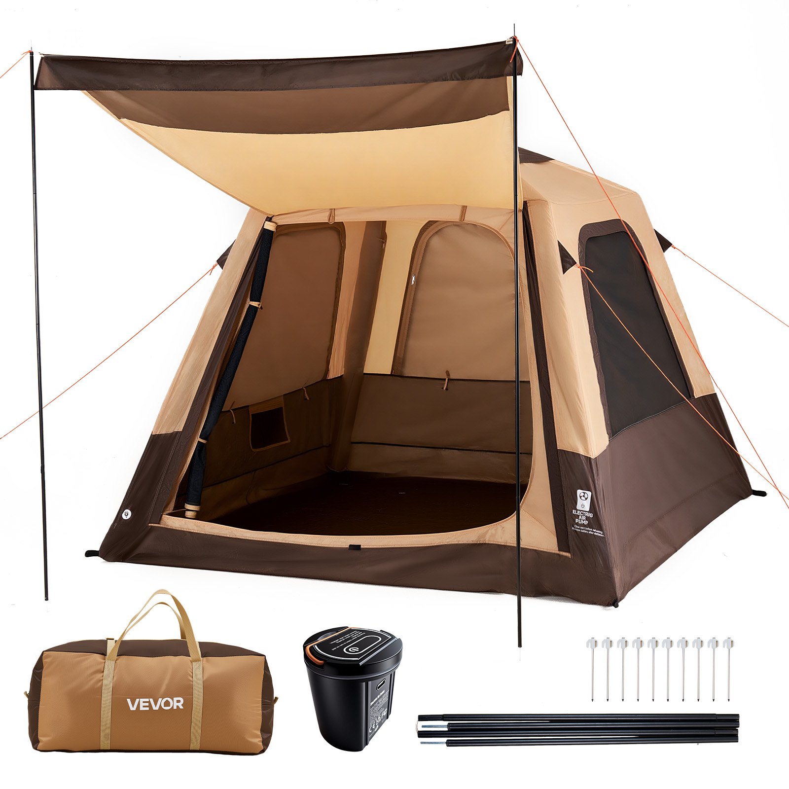VEVOR Tenda da Campeggio, Tenda Gonfiabile per 4 Persone con Pompa Ricaricabile, Tubo Aria in TPU e 5 Finestre in Rete, Impermeabile con Borsa Trasporto, Colore Beige, per Escursionismo in Famiglia