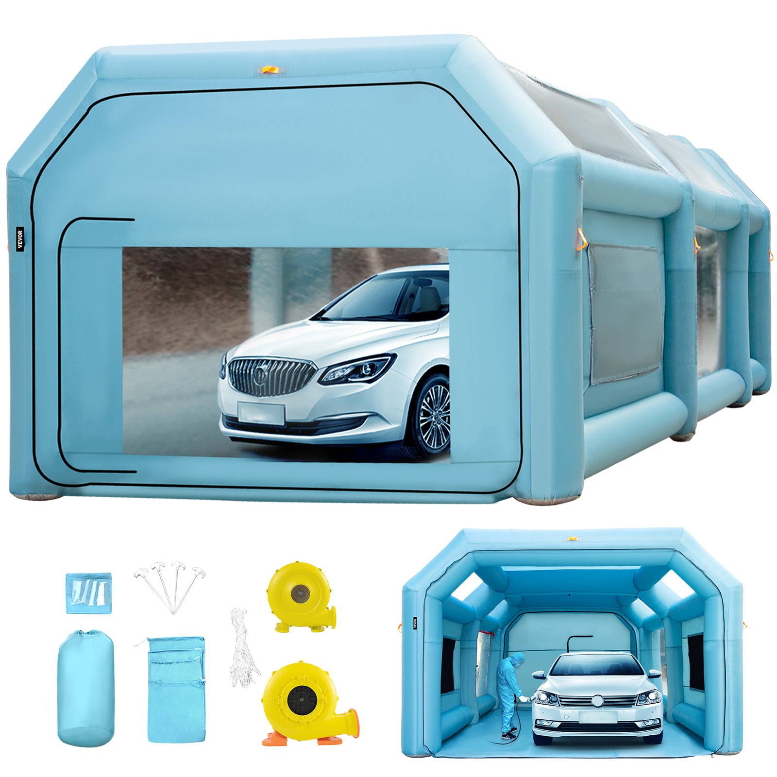 VEVOR Cabina di Verniciatura Gonfiabile in Tessuto Oxford 210D PVC, Spazio Esterno 8 x 4 x 3 m e Spazio Interna 7,7 x 3 x 2,5 m di Tenda di Vernice Gonfiabile della Cabina in Blu per Auto o Campeggio