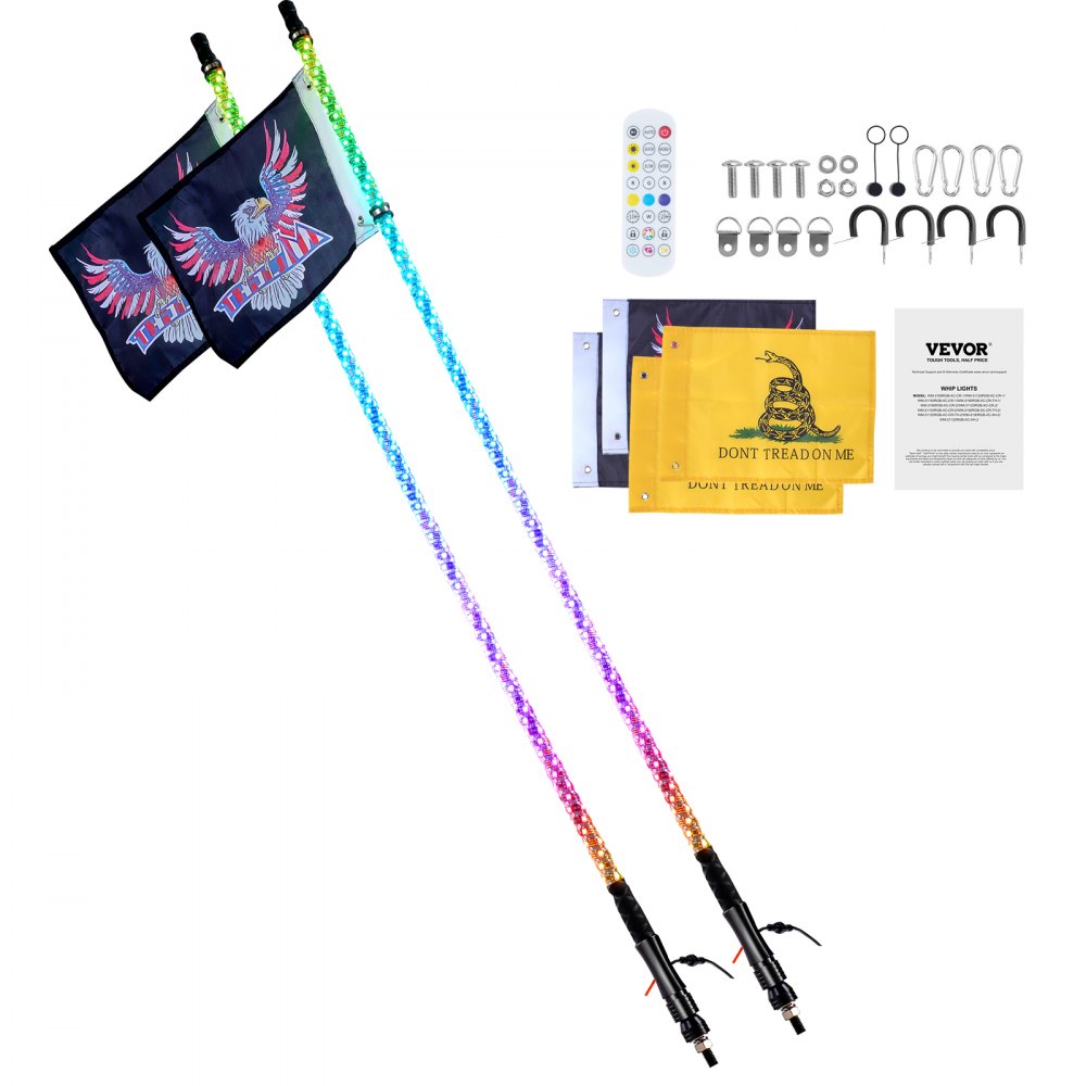 VEVOR 2-Pack Whip Lights, LED Whip Lights with App & RF Remote Control, Waterproof 360° Spiral RGB Tracking Light Whip with 4 Flags, 914.4 mm LED Whip Light for UTVs, ATVs, RZR