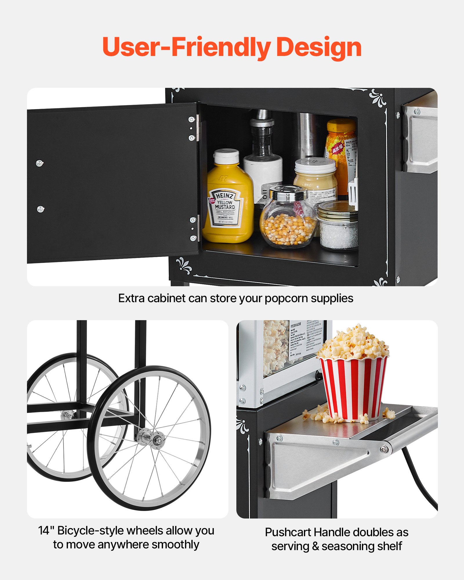 VEVOR Macchina per Popcorn con Carrello, Bollitore in Acciaio Inox da 0,2 kg, 800 W, 48 Tazze per Dose, Stile Cinema, con Controllo a 2 Pulsanti, con Parete in Vetro, 1 Misurino, 3 Cucchiai, Nero