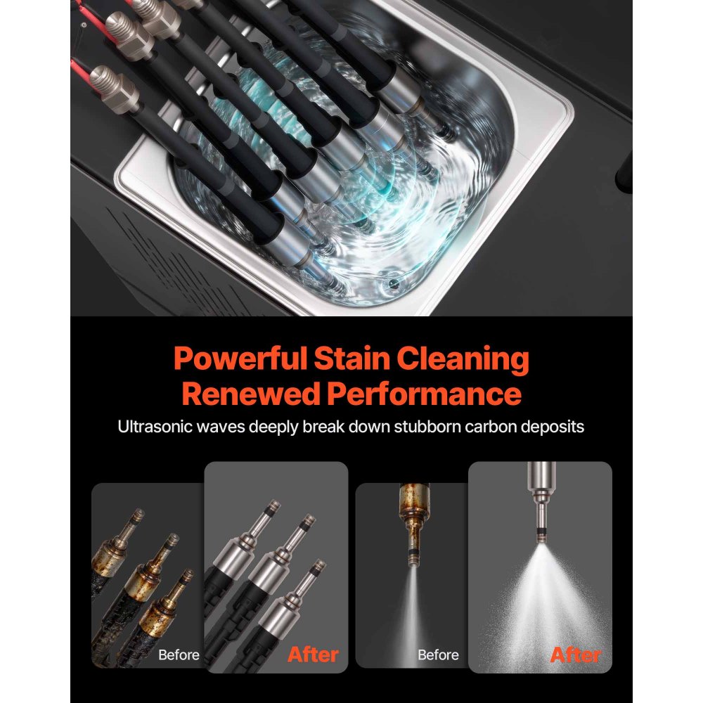 VEVOR Fuel Injector Cleaner Tester, 9 Test Modes, 6-Cylinder 28kHz Ultrasonic Cleaning Machine Adjustable 12V/70V/120V for EFI/FSI/GDI, Injector Cleaner Machine with Drain Valve for Car & Motorcycle