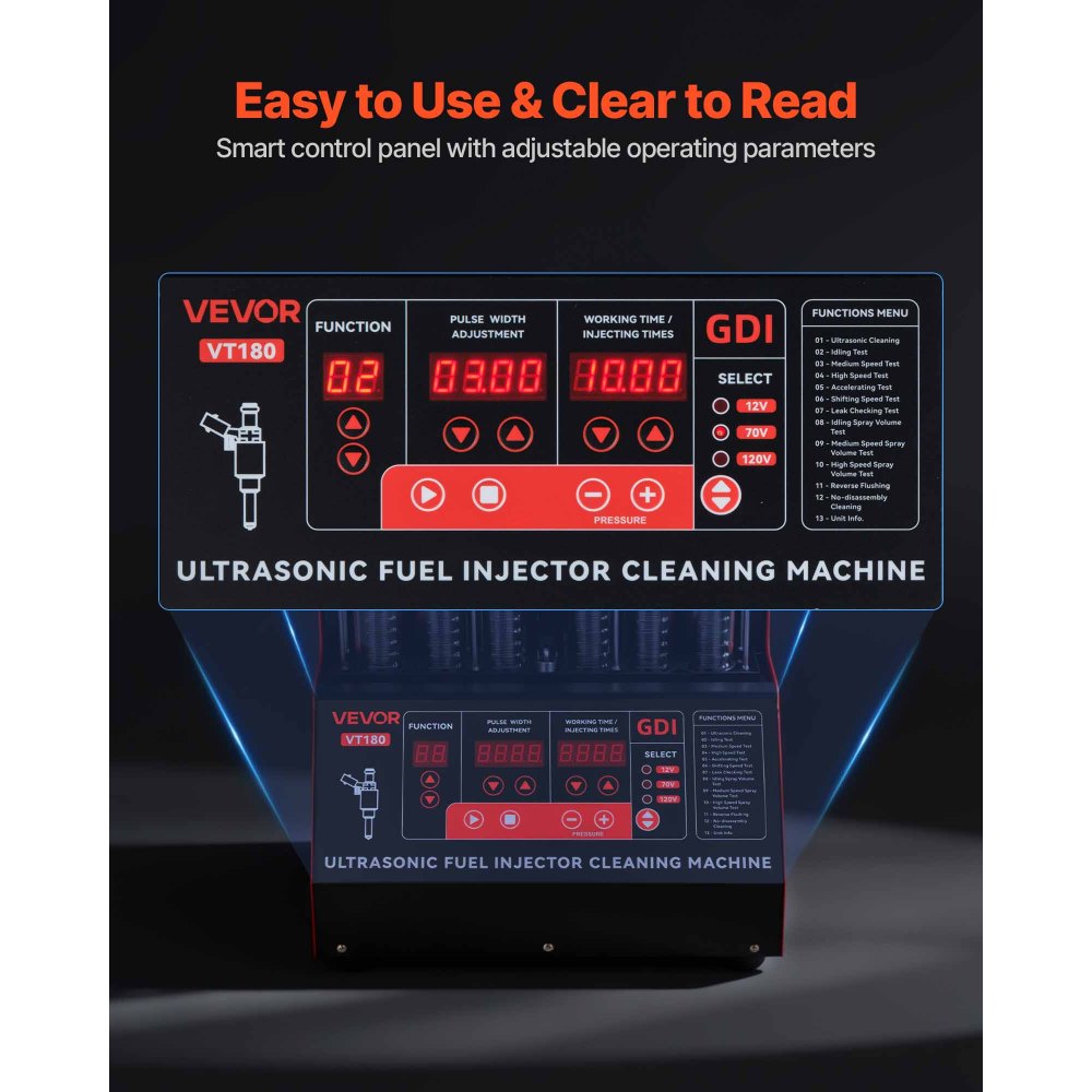 VEVOR Fuel Injector Cleaner Tester, 9 Test Modes, 6-Cylinder 28kHz Ultrasonic Cleaning Machine Adjustable 12V/70V/120V for EFI/FSI/GDI, Injector Cleaner Machine with Drain Valve for Car & Motorcycle