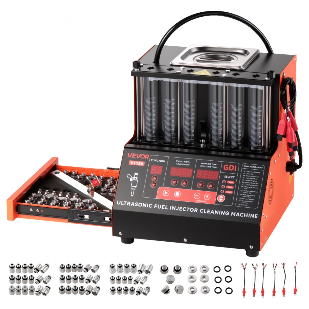 VEVOR Fuel Injector Cleaner Tester, 9 Test Modes, 6-Cylinder 28kHz Ultrasonic Cleaning Machine Adjustable 12V/70V/120V for EFI/FSI/GDI, Injector Cleaner Machine with Drain Valve for Car & Motorcycle