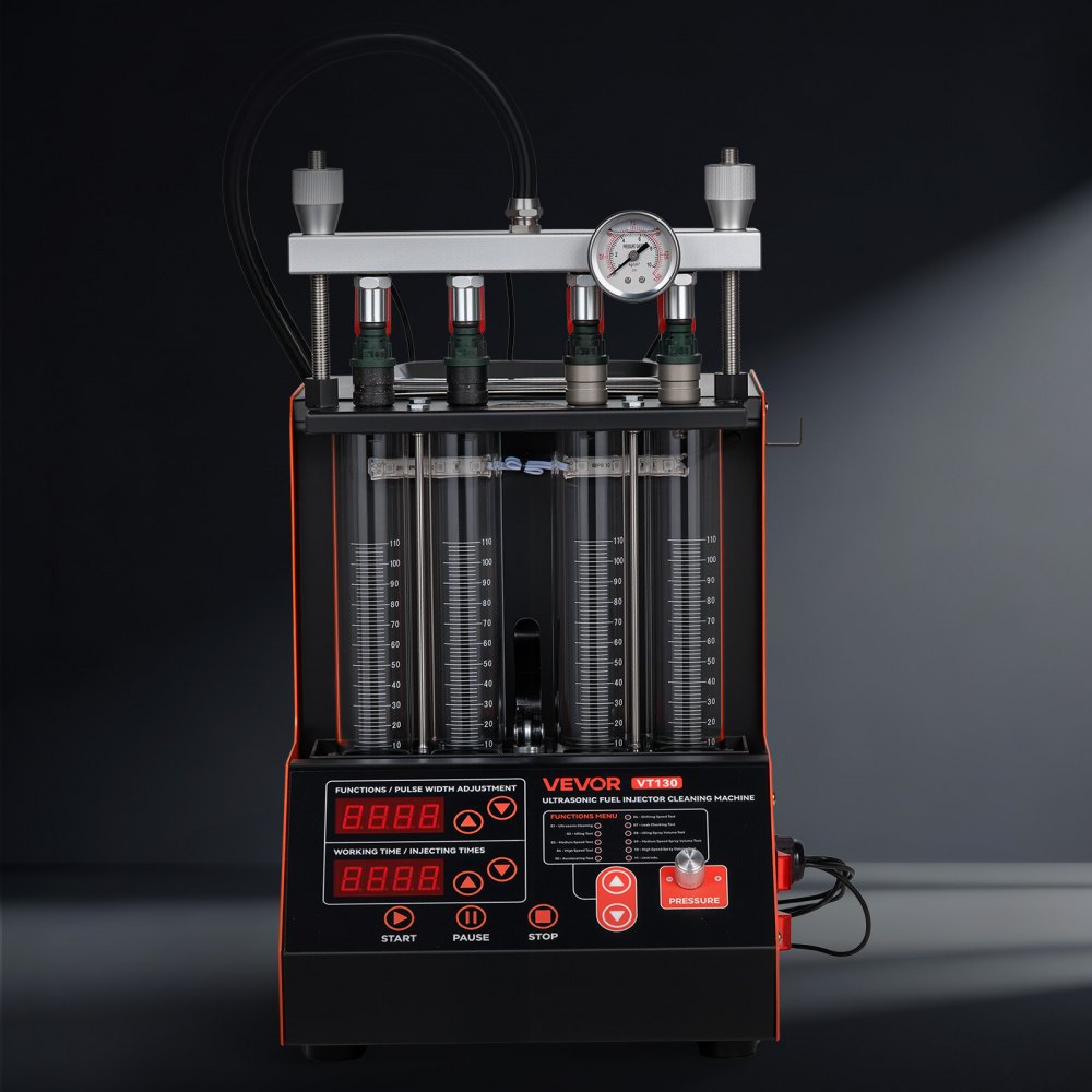 VEVOR Tester per la Pulizia degli Iniettori di Carburante 9 Modalità di Test, Macchina per la Pulizia a Ultrasuoni a 4 Cilindri, con Valvola di Scarico e Tensione di Lavoro a 12 V per Auto e Moto