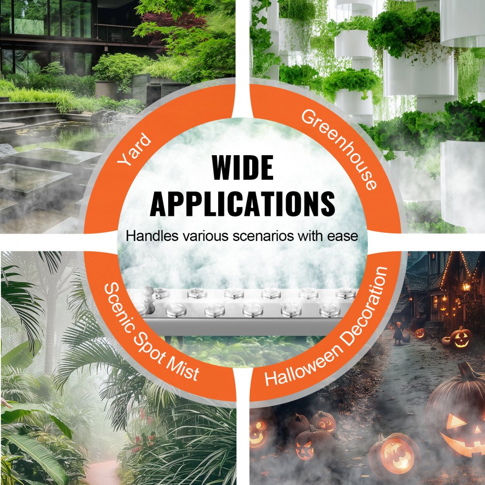 VEVOR Nebulizzatore a Ultrasuoni 12 Teste, Dispositivo di Nebbia Ultrasonico da 9000 ml/h Nebulizzatore con Alimentatore Impermeabile IP67 da 300 W Boa, Dischi di Ricambio, per Laghetto, Giardino