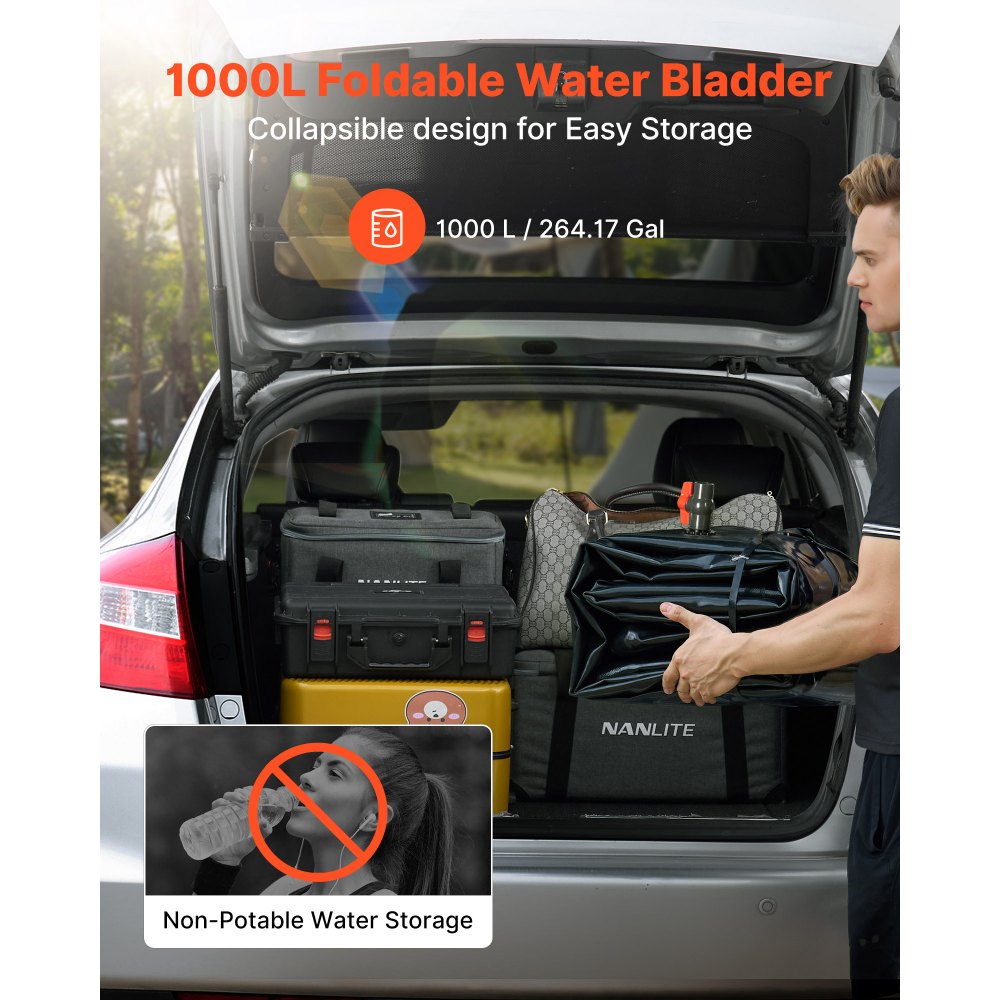 VEVOR Water Storage Bladder, 1000L Water Storage Container Tank, 1000D PVC Large Capacity Soft Bag Bladder, Collapsible Portable for Garden Irrigation, Camping, RV, Emergency Use - Black