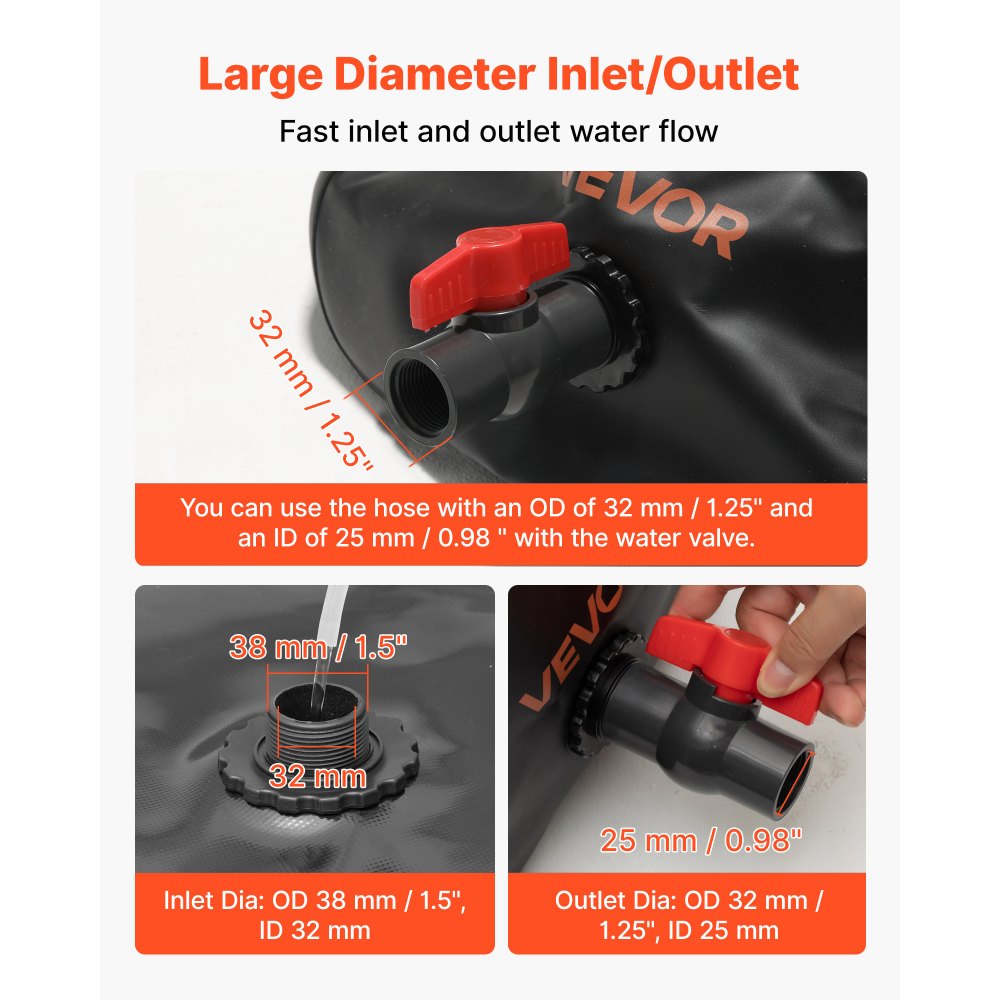 VEVOR Water Storage Bladder, 1000L Water Storage Container Tank, 1000D PVC Large Capacity Soft Bag Bladder, Collapsible Portable for Garden Irrigation, Camping, RV, Emergency Use - Black