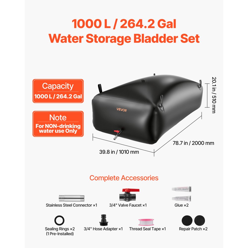 VEVOR Sacca di Stoccaggio dell'Acqua, 1000 L Portatile e Pieghevole, Sacca per Acqua Dolce in PVC 1000D Resistente all'Usura, per Irrigazione da Giardino, Camper, Uso di Emergenza, Nero
