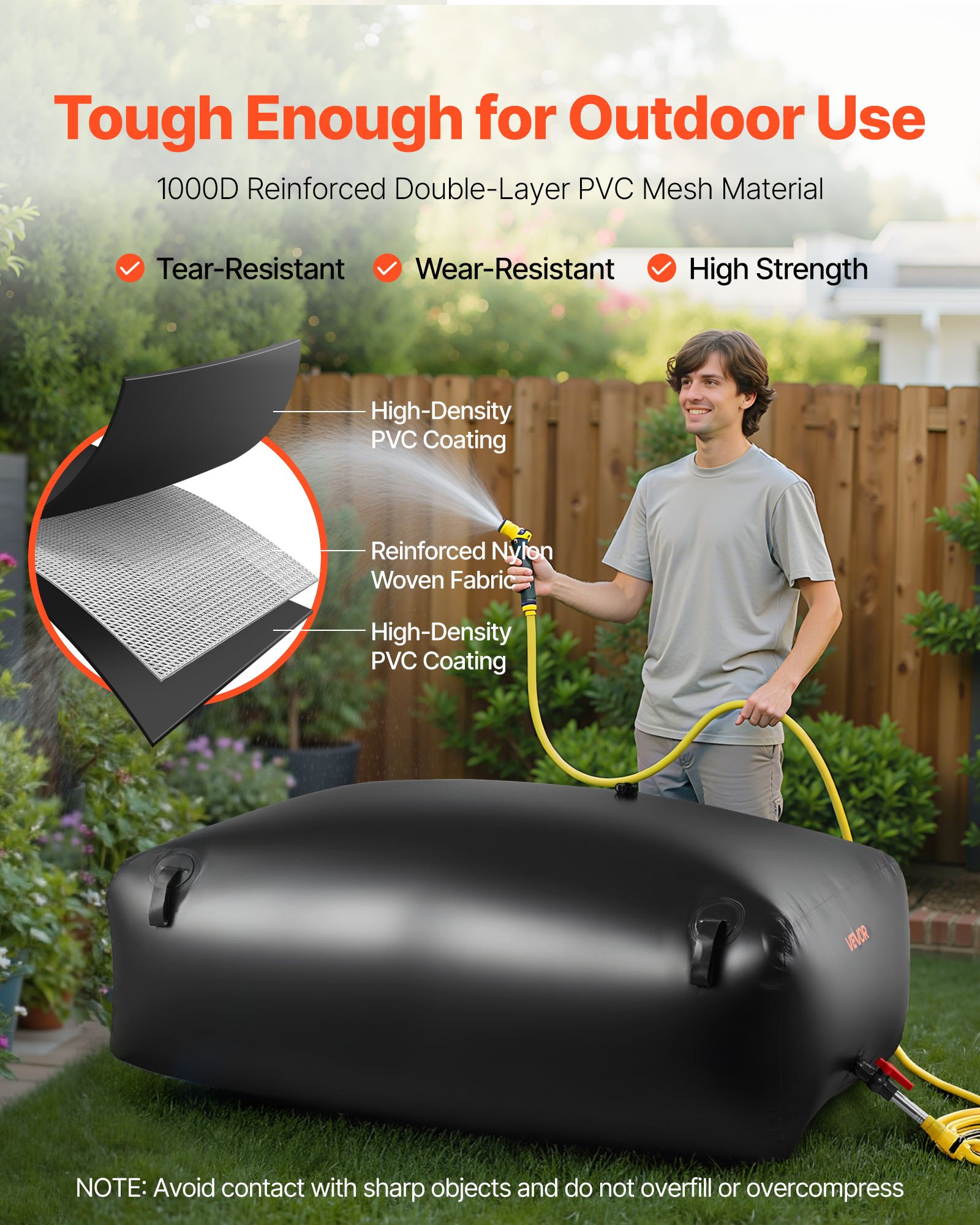 VEVOR Sacca di Stoccaggio dell'Acqua, 1000 L Portatile e Pieghevole, Sacca per Acqua Dolce in PVC 1000D Resistente all'Usura, per Irrigazione da Giardino, Camper, Uso di Emergenza, Nero