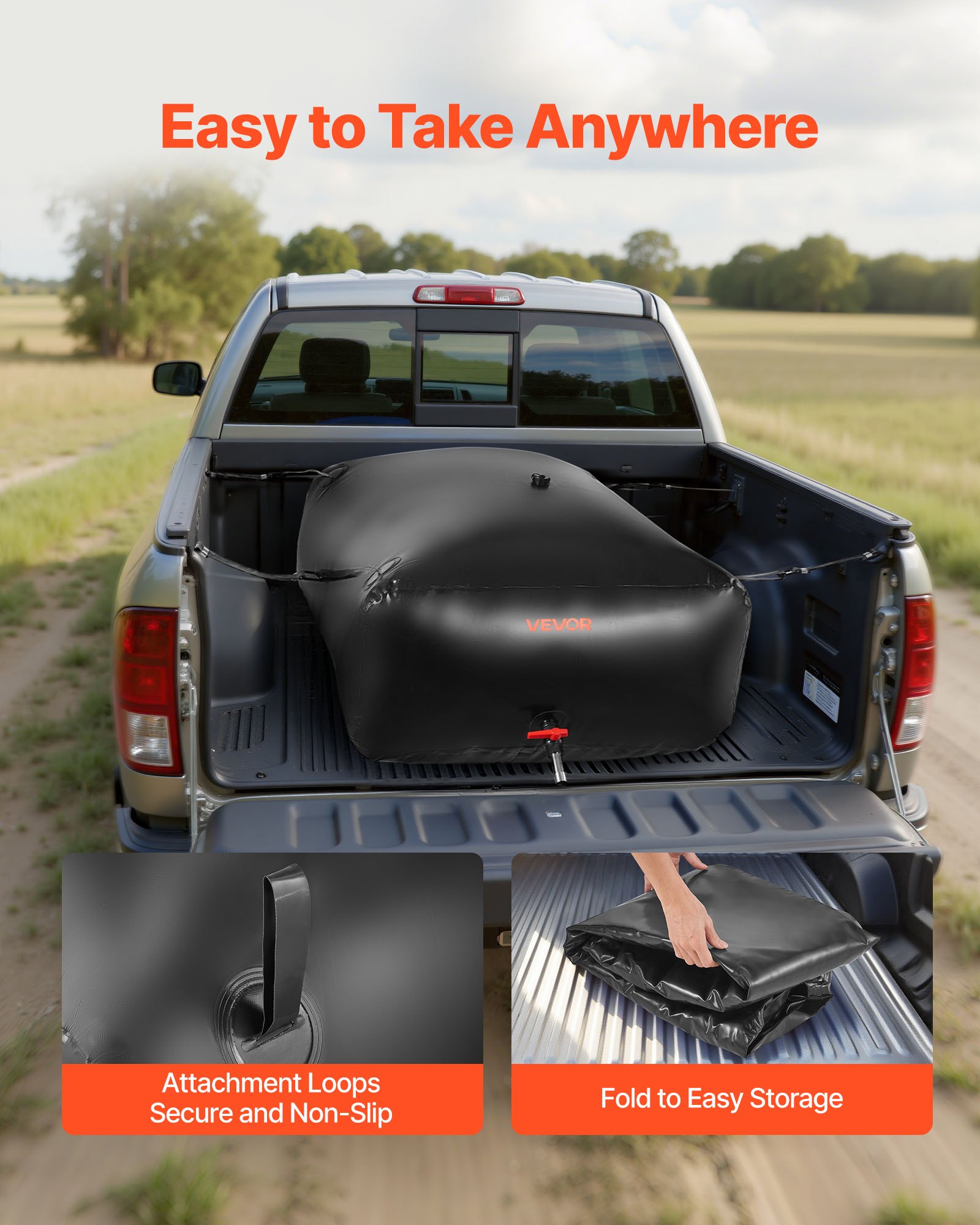 VEVOR Sacca di Stoccaggio dell'Acqua, 1000 L Portatile e Pieghevole, Sacca per Acqua Dolce in PVC 1000D Resistente all'Usura, per Irrigazione da Giardino, Camper, Uso di Emergenza, Nero