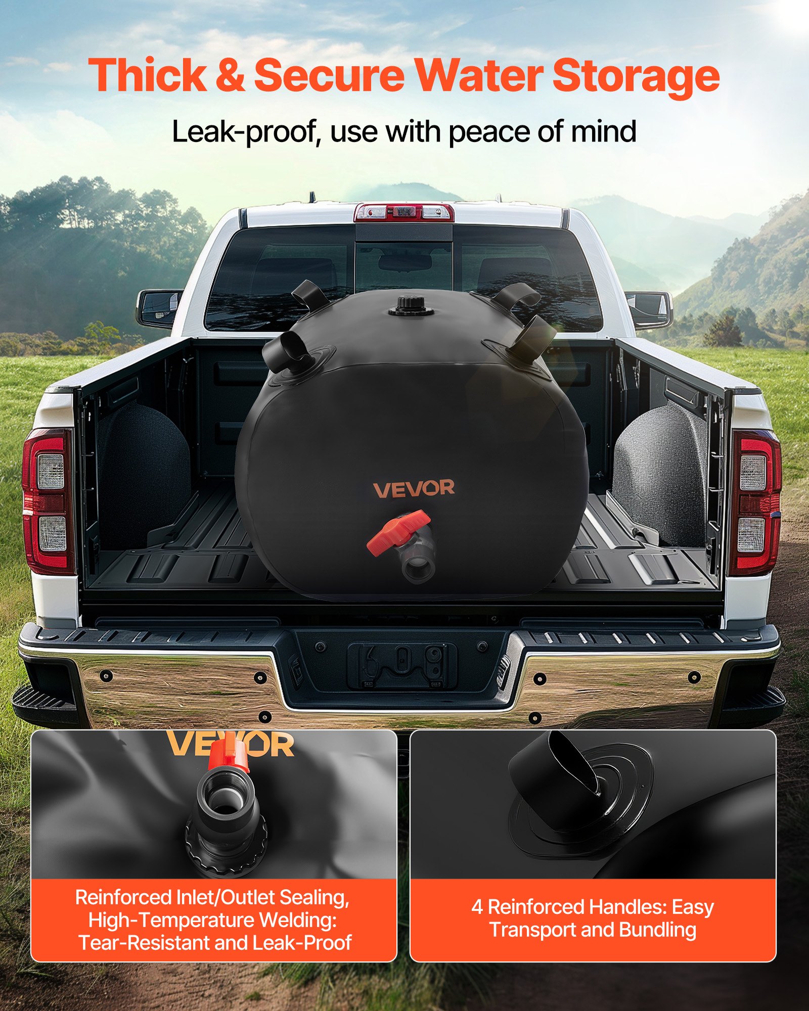 VEVOR Water Storage Bladder, 113L Water Storage Container Tank, 1000D PVC Thickened Soft Bag Bladder, Collapsible Portable for Garden Irrigation, Camping, RVs, Emergency Use - Black