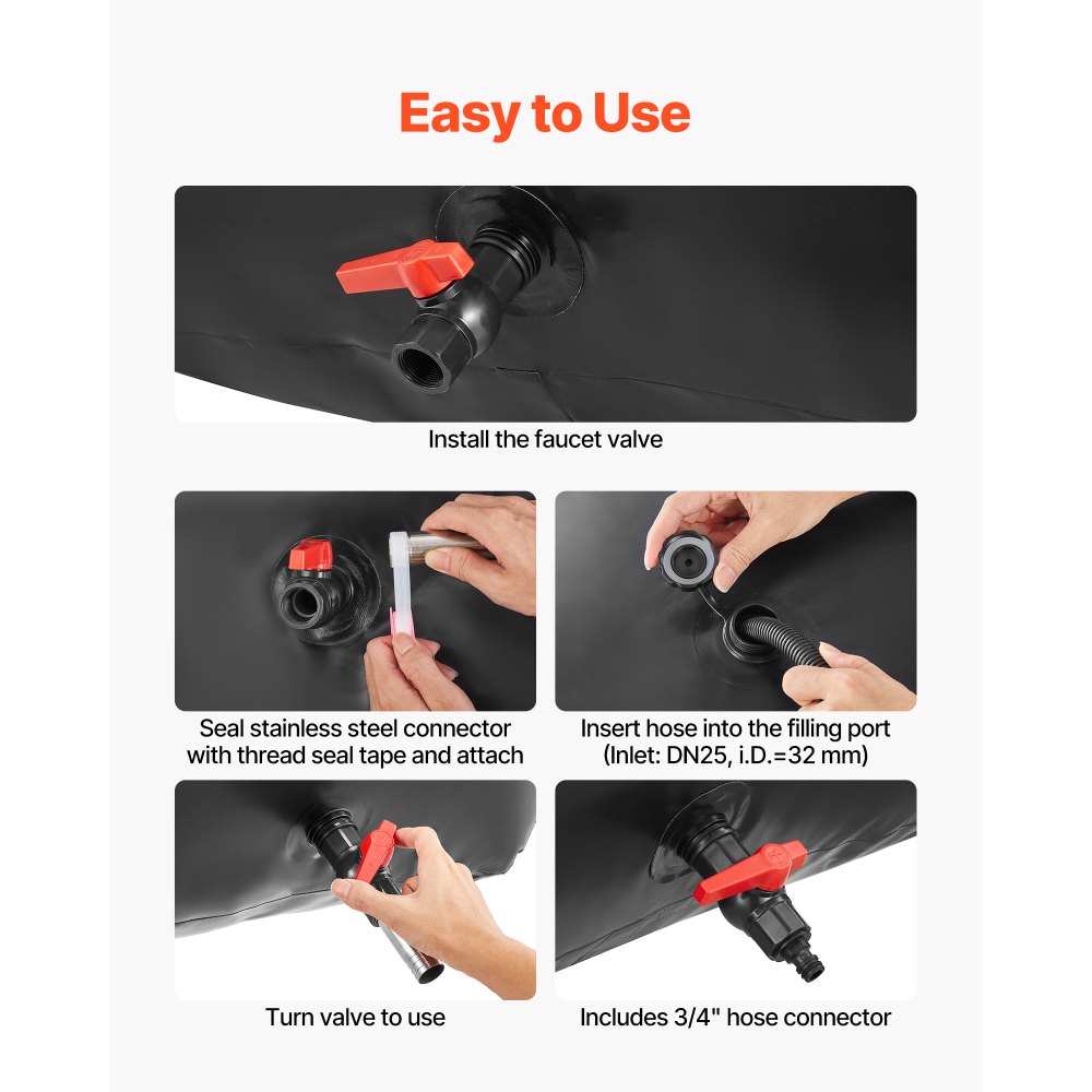 VEVOR Sacca di Stoccaggio dell'Acqua da 240 L Portatile e Pieghevole, in PVC 1000D Resistente all'Usura, Contenitori per Serbatoi per Irrigazione da Giardino, Camper, Uso di Emergenza, Nero