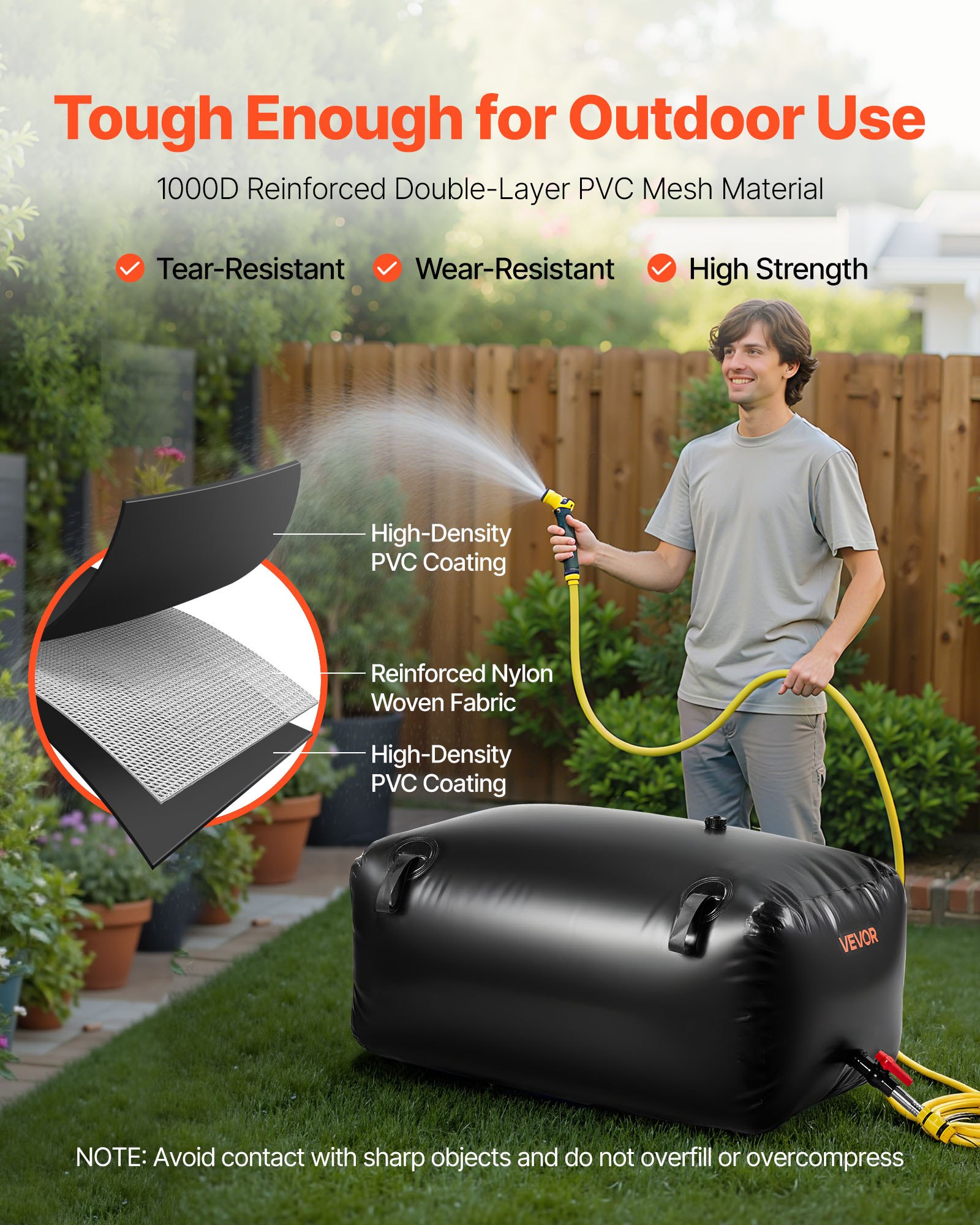 VEVOR Sacca di Stoccaggio dell'Acqua da 240 L Portatile e Pieghevole, in PVC 1000D Resistente all'Usura, Contenitori per Serbatoi per Irrigazione da Giardino, Camper, Uso di Emergenza, Nero