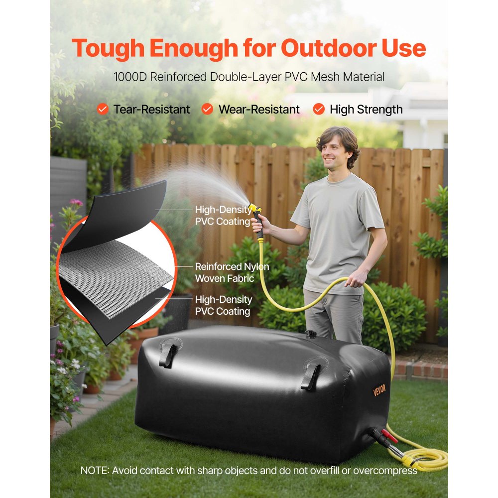 VEVOR Contenitori di Stoccaggio per Acqua, 330 L Portatile e Pieghevole, Sacca per Acqua Dolce in PVC 1000D Resistente all'Usura, per Irrigazione da Giardino, Camper, Uso di Emergenza, Nero