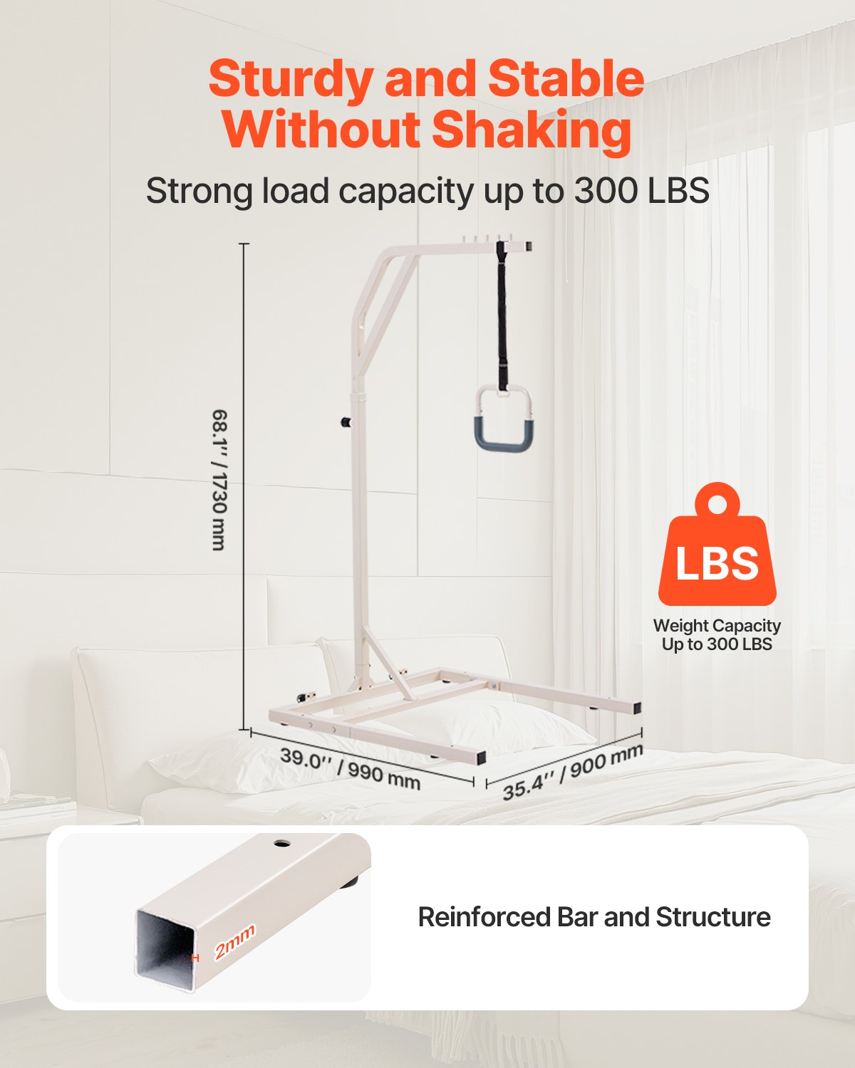 VEVOR Barra Trapezio da Letto con 2 Ruote, Barra Trapezio Autoportante Regolabile in Altezza, Facile da Installare, per Anziani Disabili, Ideale per Ospedale, Casa di Cura e Assistenza Domiciliare