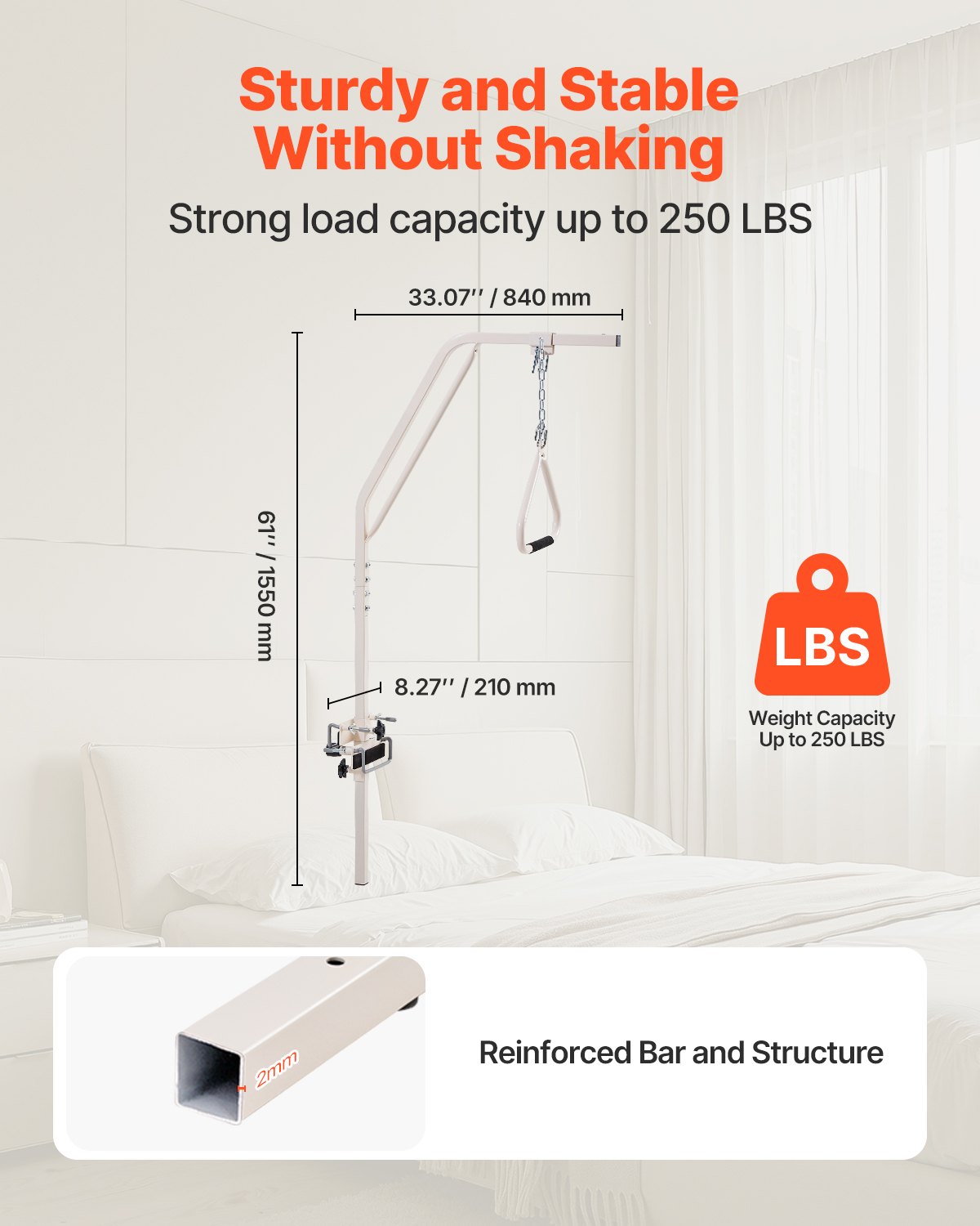 VEVOR Bed Hoist 840x210x1550 mm, Bed Lift with Clamps & Metal Chain, up to 113 kg, Standing Aid for Elderly & Bedridden People, Ideal for Home Care, Hospitals, Nursing Homes