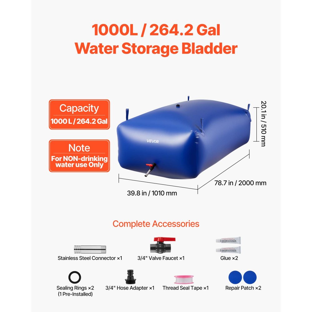 VEVOR Water Storage Bladder 1000L Large Capacity Water Bag, Portable & Collapsible Soft Waters Container, Leakproof & Tear-Resistant PVC Emergency Waters Storage Tank for RV Truck & Outdoor Use
