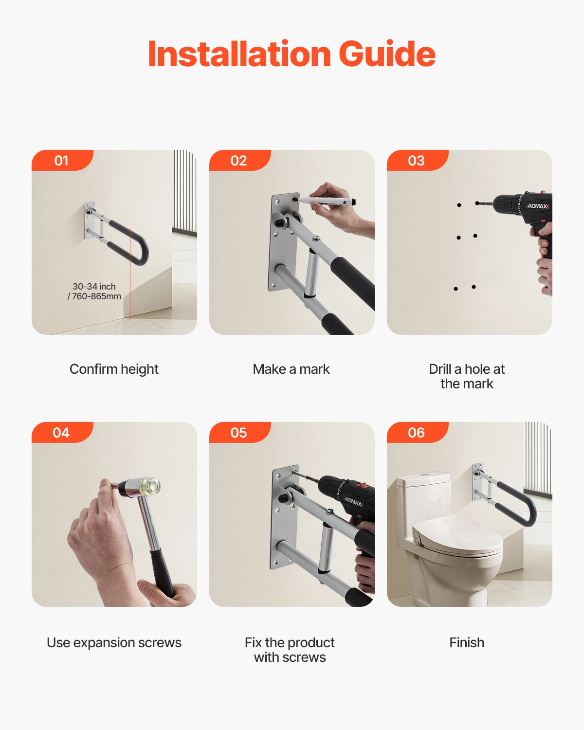 VEVOR Toilet Stand-Up Aid, 605x75x230 mm U-shaped Grab Bar, Wall Support Handle for Seniors, Folding Handle for People with Disabilities, with Non-Slip Grip, 136 kg Load Capacity for Elderly People, Disabled People, Pregnant Women