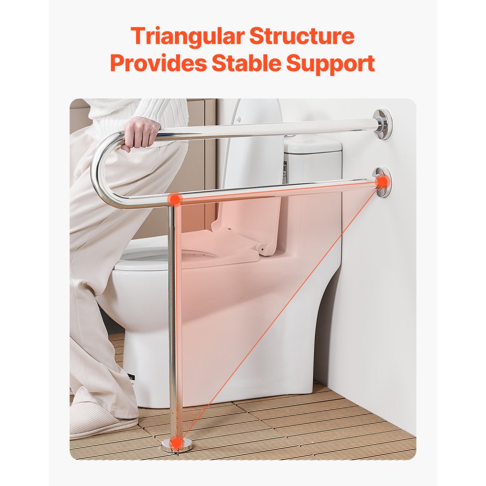 VEVOR Corrimano di Sicurezza per WC, Carico di 136 kg Barra di Sostegno per Disabili a Forma di U da 800 mm Asta di Sicurezza per Anziani in Acciaio Inox, con Maniglia Antiscivolo, Gamba di Supporto