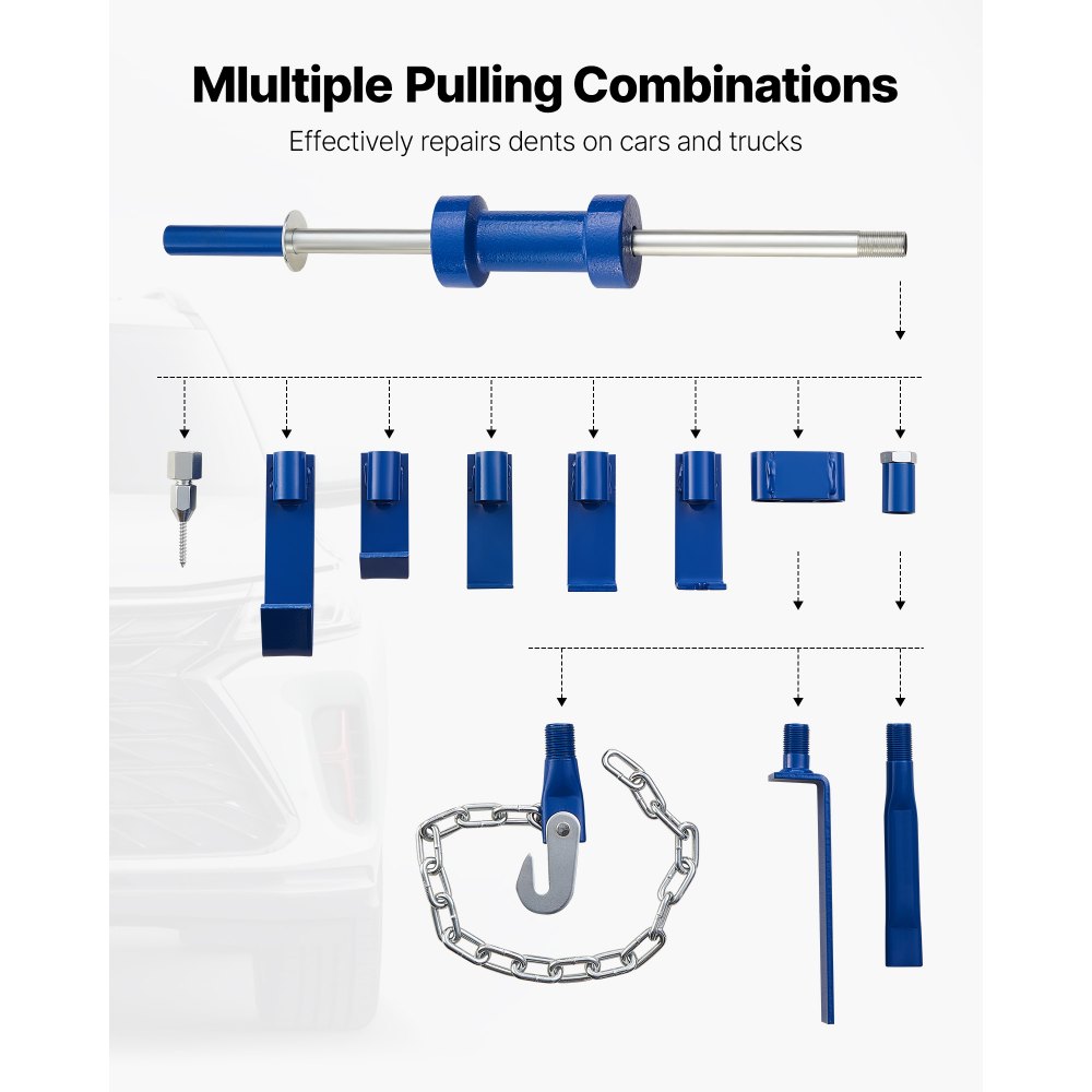 VEVOR Kit di Estrazione Ammaccature, con Martello Scorrevole da 5,89 kg, Strumento di Rimozione Danni Automobilistici per Riparazione Carrozzeria con Custodia, Asta di Prolunga, Impugnatura