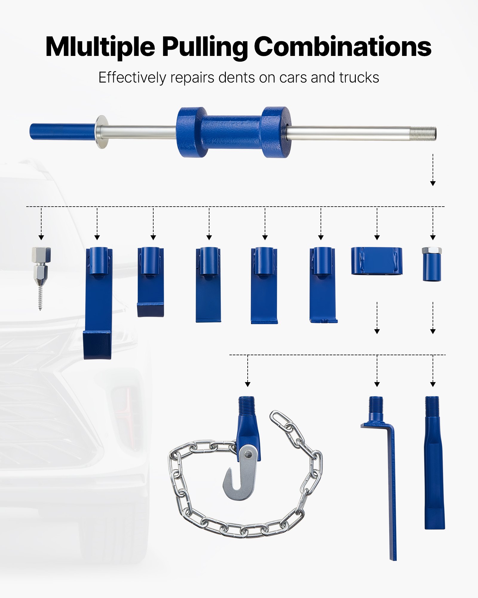 VEVOR Kit di Estrazione Ammaccature, con Martello Scorrevole da 5,89 kg, Strumento di Rimozione Danni Automobilistici per Riparazione Carrozzeria con Custodia, Asta di Prolunga, Impugnatura