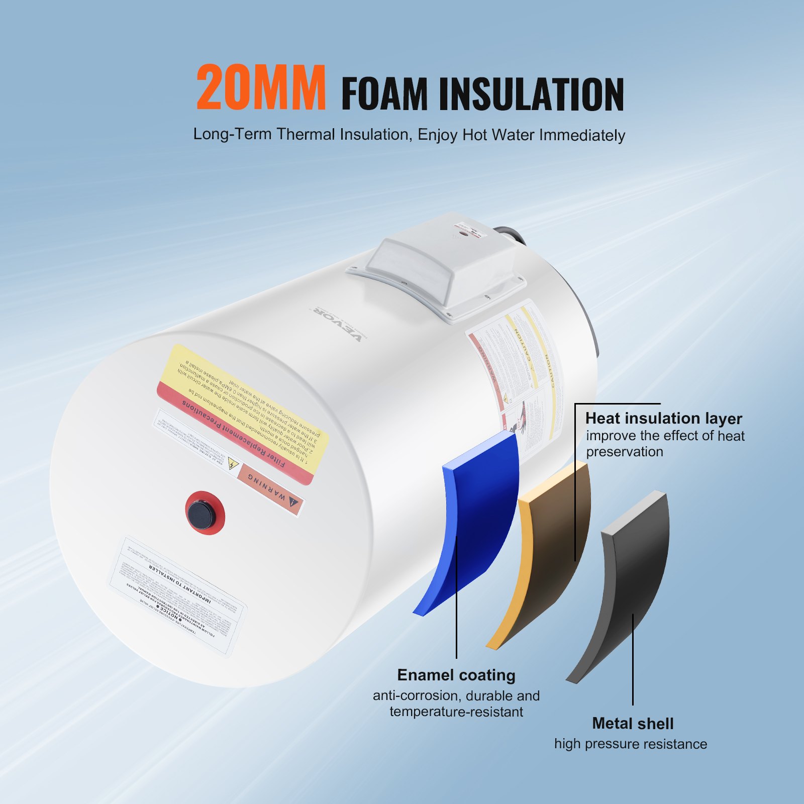 VEVOR Electric Water Heater, 70 L Tank, Hot Water Storage Tank, 2 kW, with LED Display, Rotary Knob Control, Side Connection, Hot Water Storage Tank for Shower, Bath, φ410x780 mm