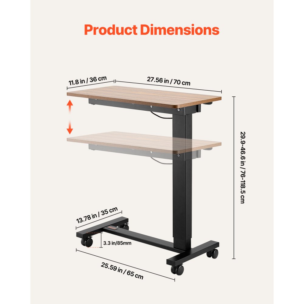 VEVOR Overbed Desk, Mobile Bed Table with 4 Wheels, Electric Lift with Upgrade Button, Rolling Laptop Desk with Cup Holder, Height-Adjustable Overbed Desk