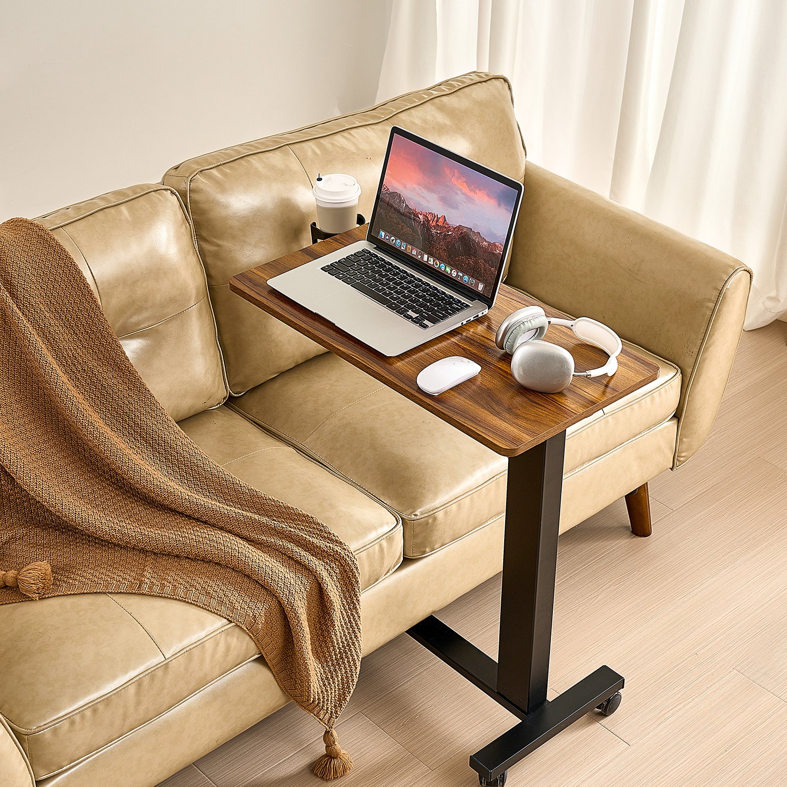 VEVOR Overbed Desk, Mobile Bed Table with 4 Wheels, Electric Lift with Upgrade Button, Rolling Laptop Desk with Cup Holder, Height-Adjustable Overbed Desk