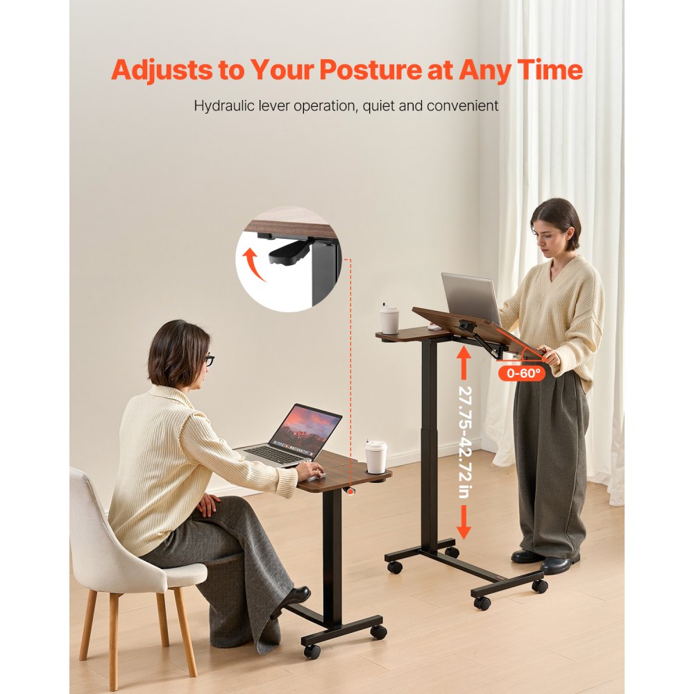 VEVOR Tavolino da Letto Mobile con Scrivania Ribaltabile e 4 Ruote, Scrivania per Laptop, Ruote Regolabili in Altezza e Angolazione con Portabicchieri, Scrivania Portatile da Letto per Ufficio, Studio