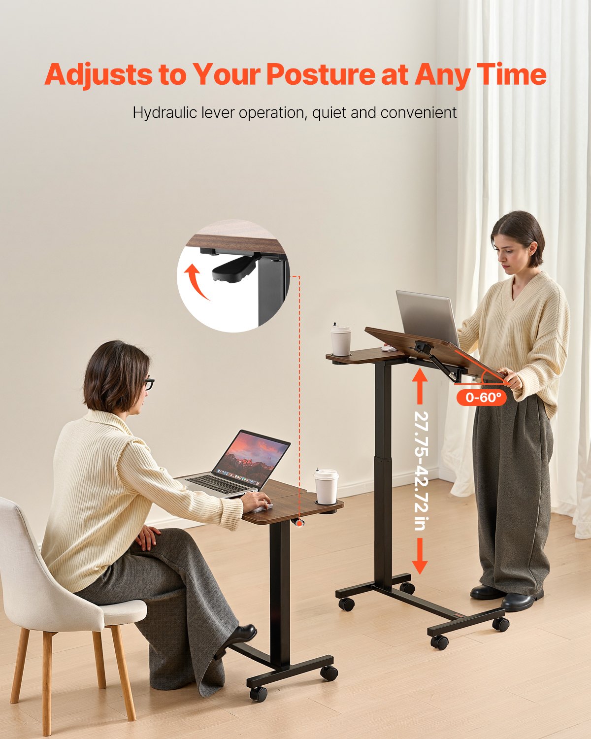 VEVOR Tavolino da Letto Mobile con Scrivania Ribaltabile e 4 Ruote, Scrivania per Laptop, Ruote Regolabili in Altezza e Angolazione con Portabicchieri, Scrivania Portatile da Letto per Ufficio, Studio