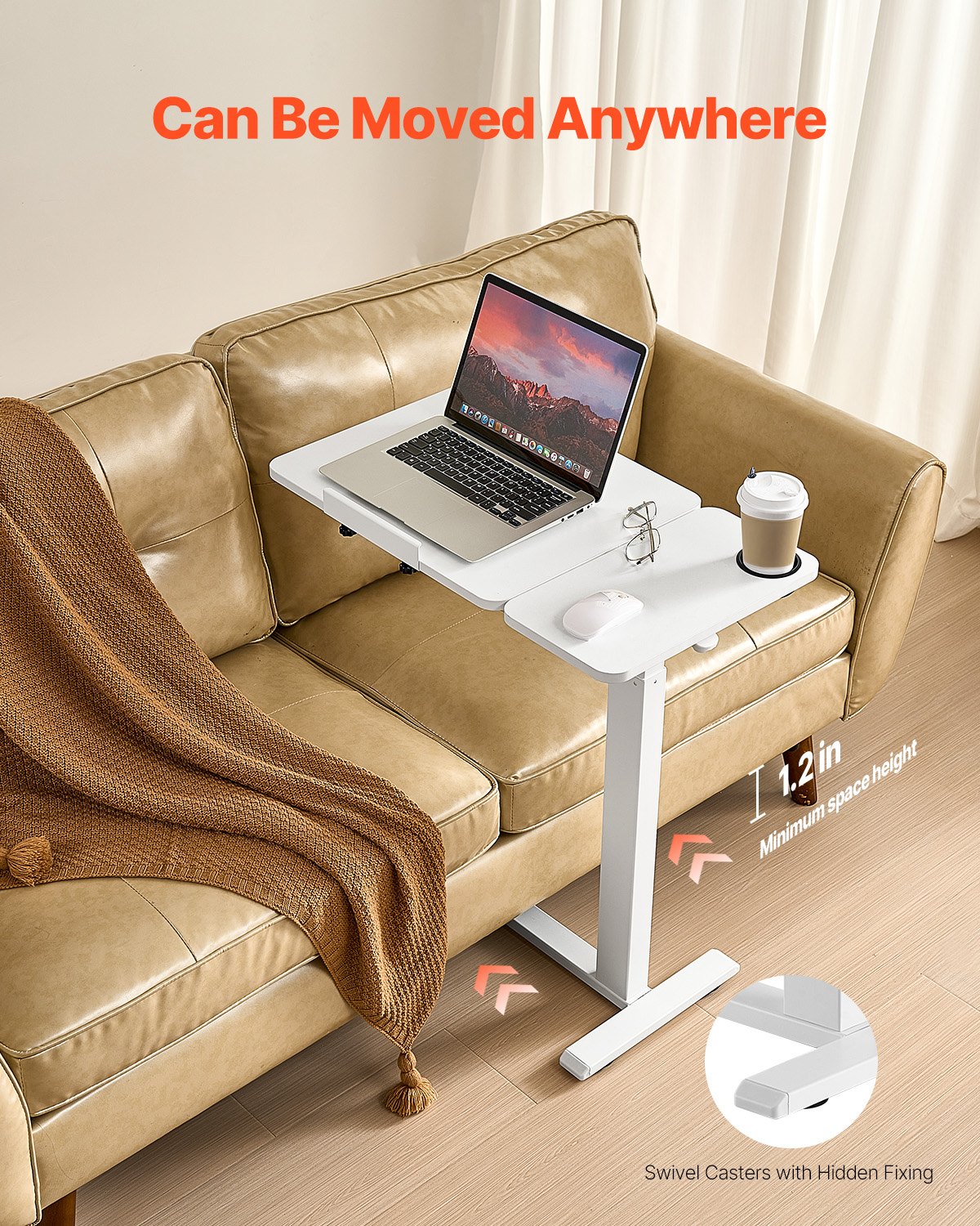 VEVOR Tavolino da Letto Mobile con Scrivania Ribaltabile e 4 Ruote Nascoste, Scrivania per Laptop, Ruote Regolabili in Altezza e Angolazione con Portabicchieri, Scrivania Portatile da Letto, Bianco