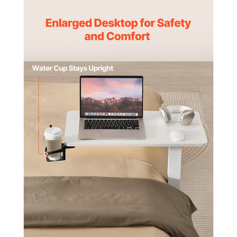 VEVOR Tavolino da Letto Mobile con 4 Ruote Nascoste, Scrivania per Laptop, Regolabili in Altezza con Portabicchieri, Scrivania Portatile in Truciolato Sopra Letto per Casa, Ufficio, Studio, Bianco
