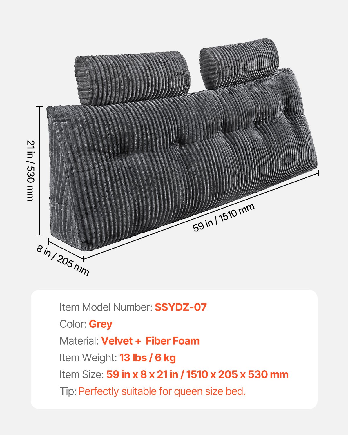 VEVOR Cuscino per Testiera, Cuscino a Cuneo Queen Size da Letto con 2 Tasche Laterali 2 Poggiatesta, Supporto a Cuneo per Letto Tessuto di Flanella Lavabile, Supporto Lombare per Leggere, Riposare