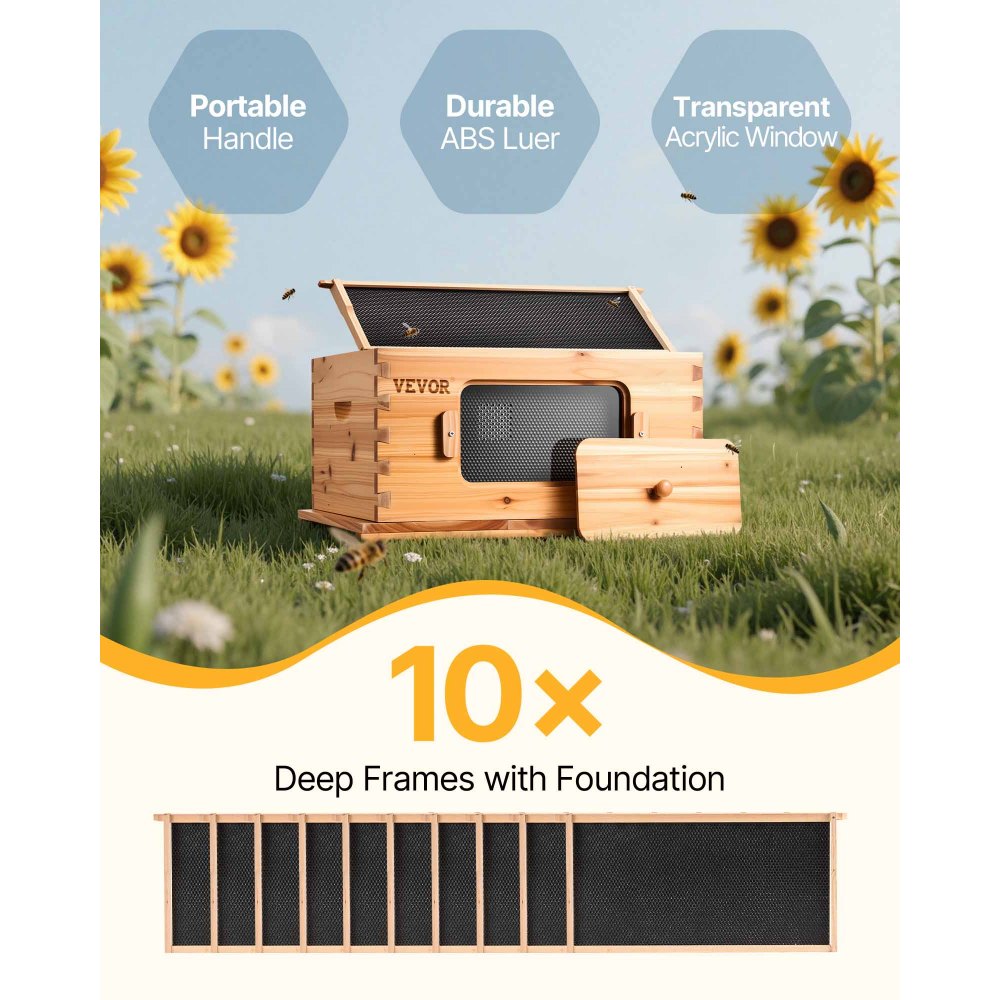 VEVOR Beehive Starter Kit with deep box, 100% natural fir wood coated with beeswax, Zander hive with 10 frames and foundations, transparent acrylic bee windows