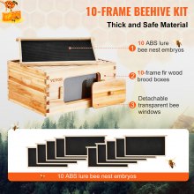 VEVOR Kit per alveare con scatola profonda, legno di cedro naturale rivestito di cera d'api, arnia con 10 telai e fondazioni, finestre per api in acrilico trasparente